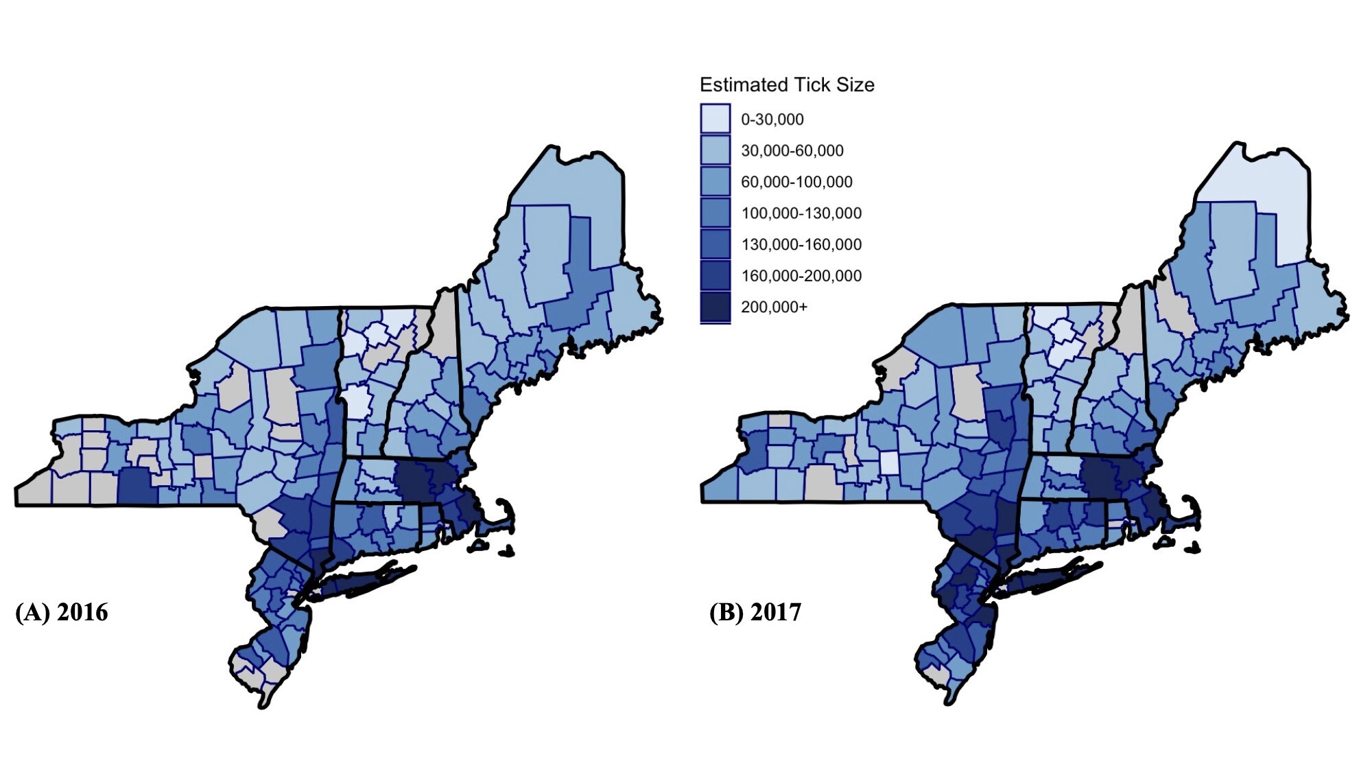 Side by side maps of the northeastern United States representing 2016 and 2015 with darker shading in certain counties.