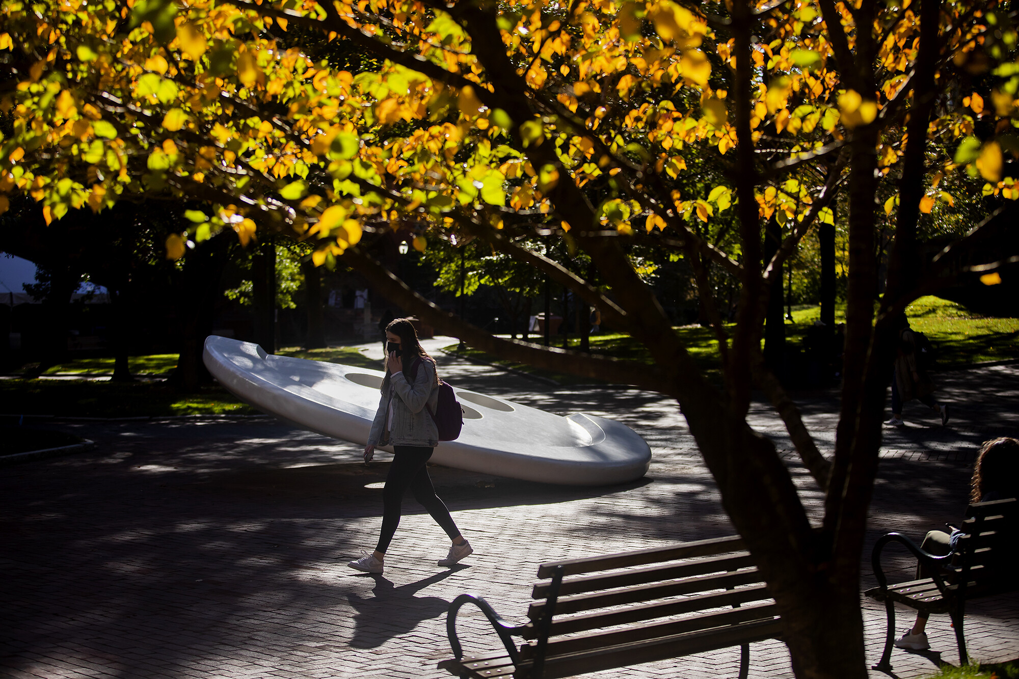 student walking in front of the split button in autumn