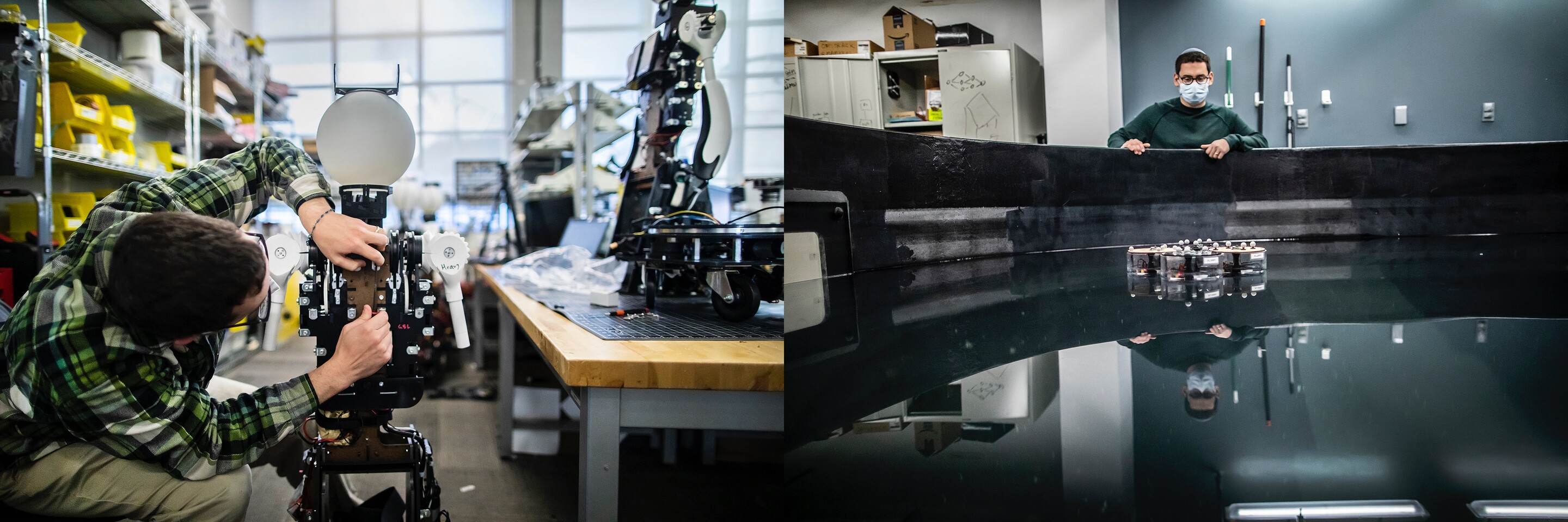 a side by side image with one person on the left putting together a robot and the other looking at an automated device in a large pool