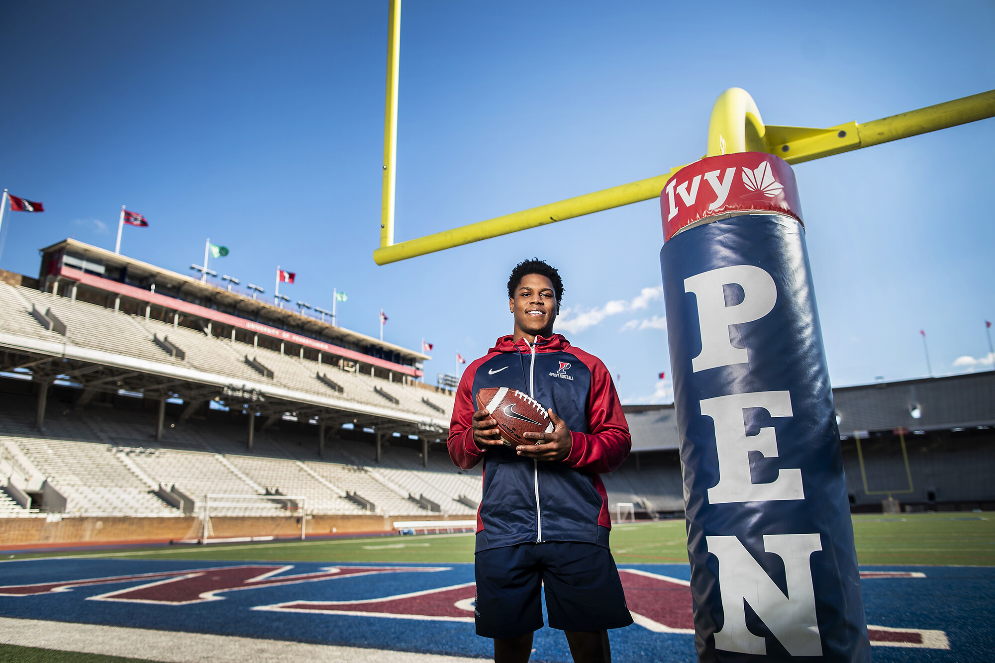 Laquan McKever poses in the endzone at Franklin Field.