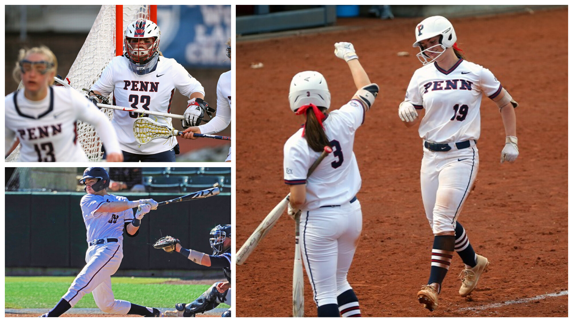 Sophomore goalkeeper Krissy Kowalski of the women’s lacrosse team (top), freshman catcher Asa Wilson of the baseball team (bottom), and junior catcher Sarah Schneider of the softball team (right). 
