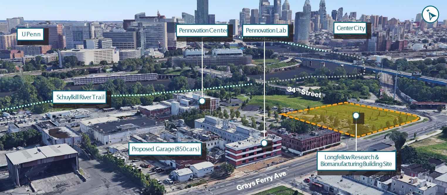 Aerial of Pennovation Works property showing the Schuylkill River Trail, Pennovation Center, Pennovation Lab, Proposed Garage for 850 cars, Center City in the distance, and the new Longfellow Research and Biomanufacturing Building