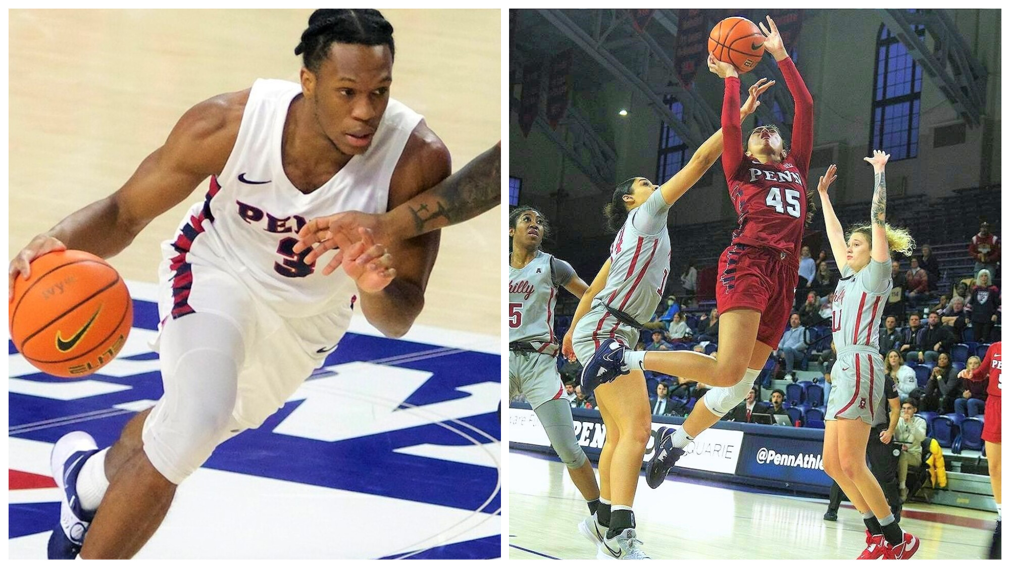 A pair of action shots show Dingle's body dipping while driving to the basket and Padilla holding the ball up in the air while the Temple players try to block it.