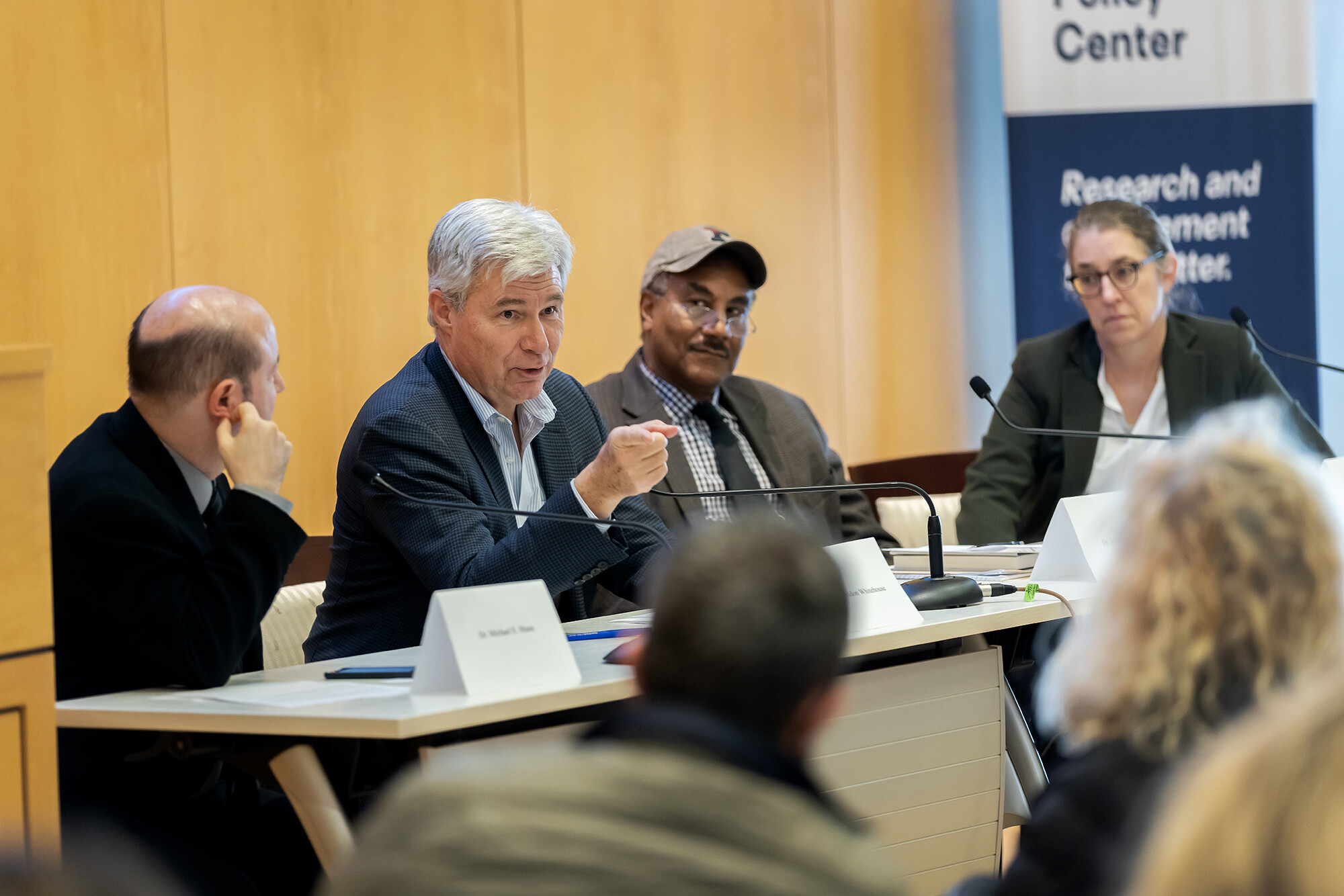 Whitehouse speaks in a panel next to Mann, Francisco, and Morrison. 