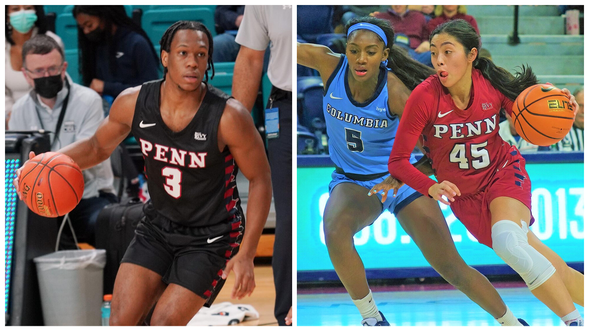 Two action shots of backetball players on the court:  Jordan Dingle dribbles the ball up the court; Kayla Padilla, right, driving past a Columbia defender.