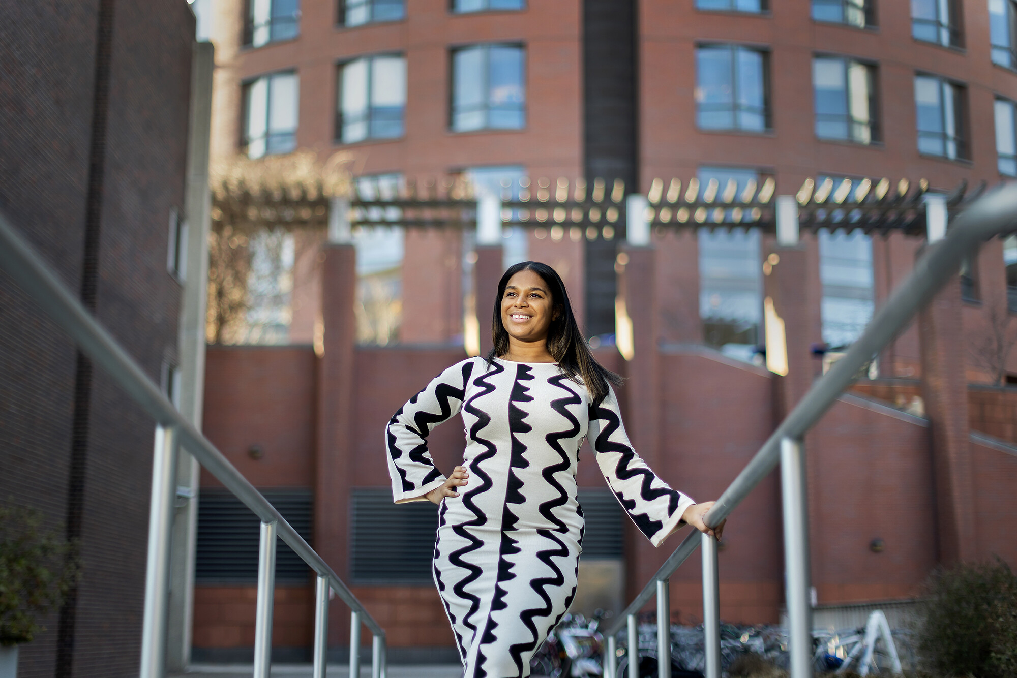 Nafisa Rawji in front of Huntsman Hall