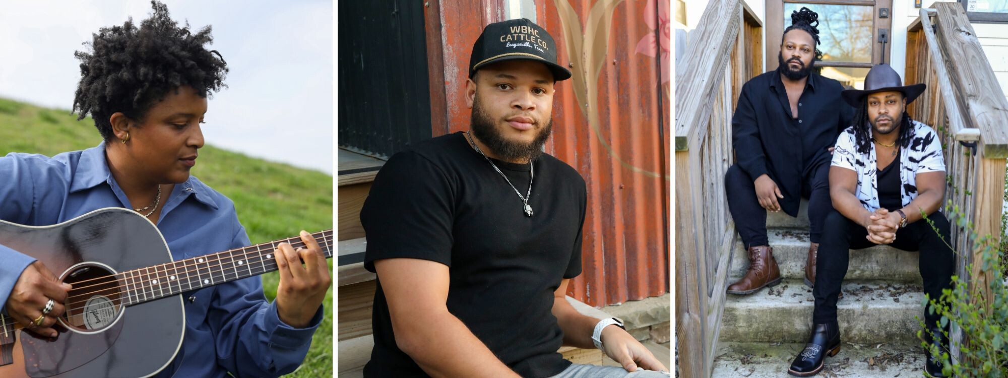 Left, Denitia playing a guitar. Middle: Tylar Bryant. Right: The Kentucky Gentlemen seated on an outdoor staircase.