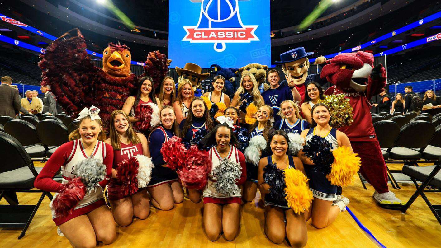 excited cheerleaders and mascots cheering the Big 5 announcement.