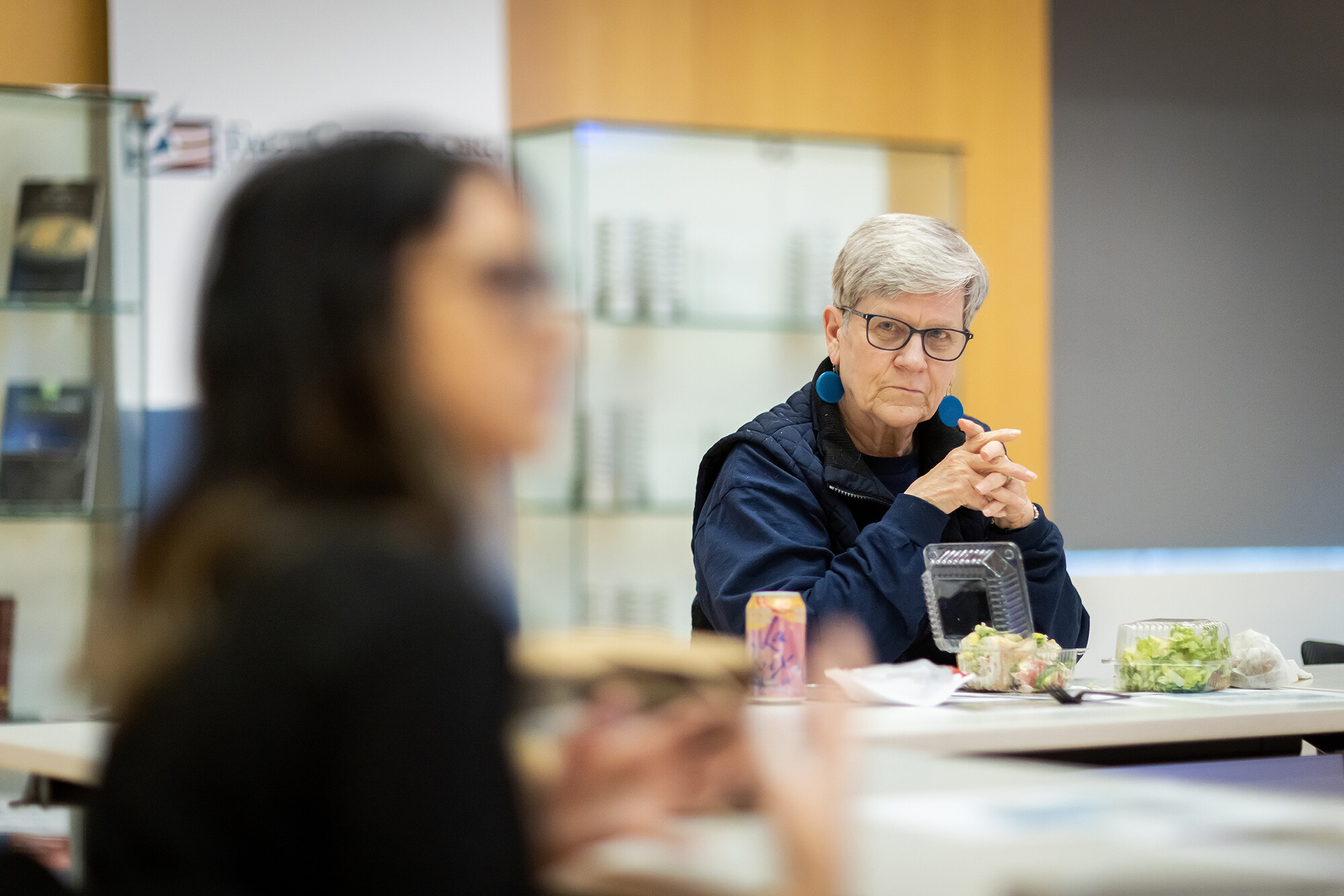 kathleen hall jamieson listens to a student