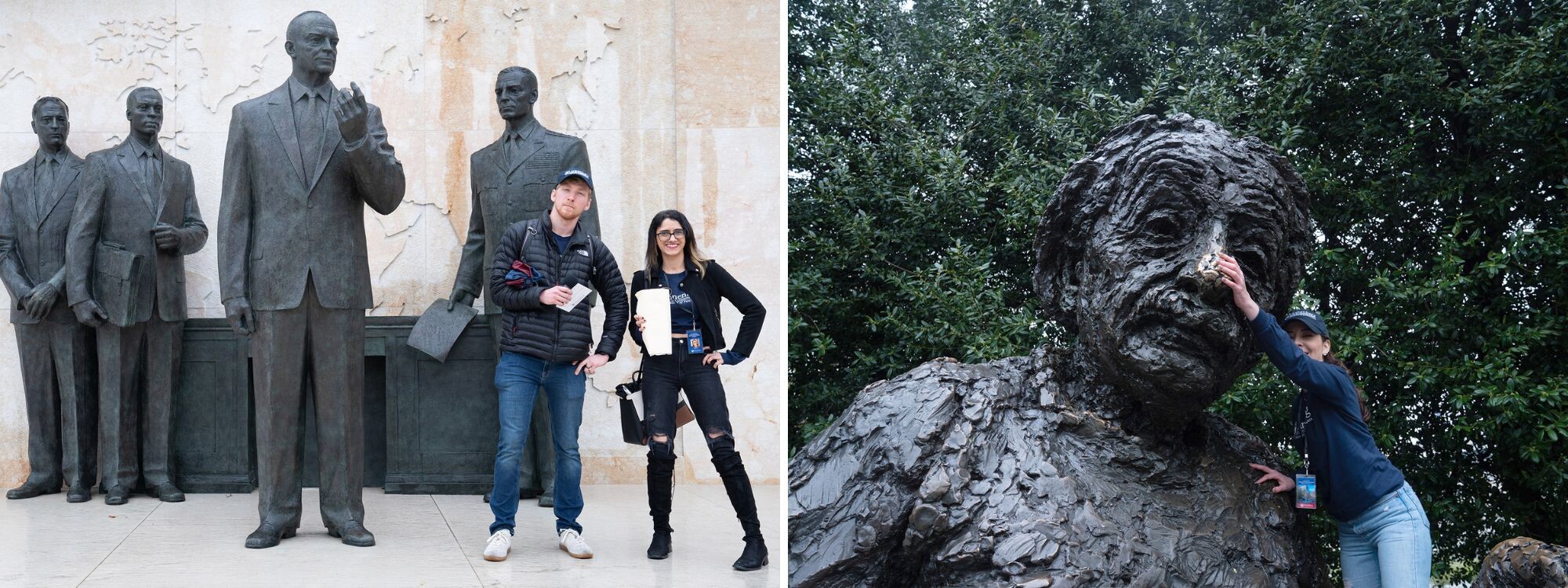 Left: students in front of the dwight eisenhower memorial. Right: Albert Einstein memorial statue.
