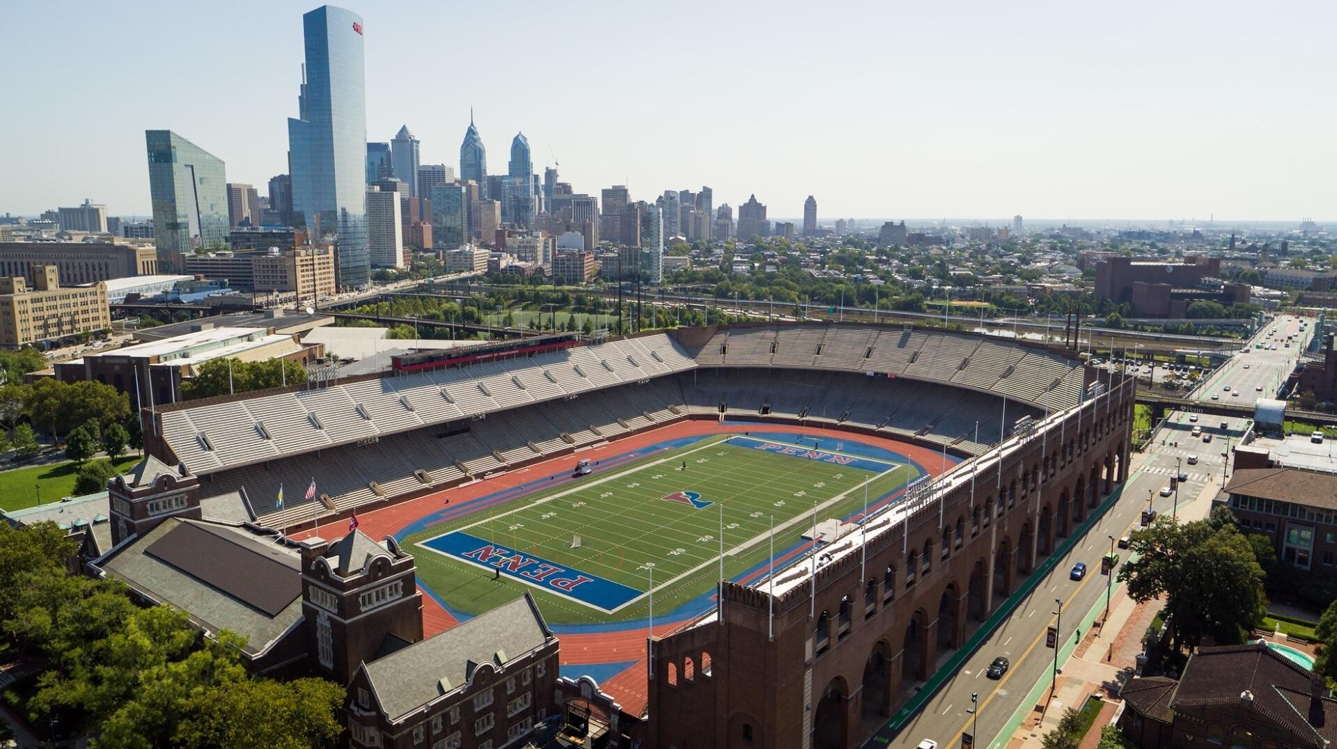 Franklin Field with the Philadelphia skyline in the background