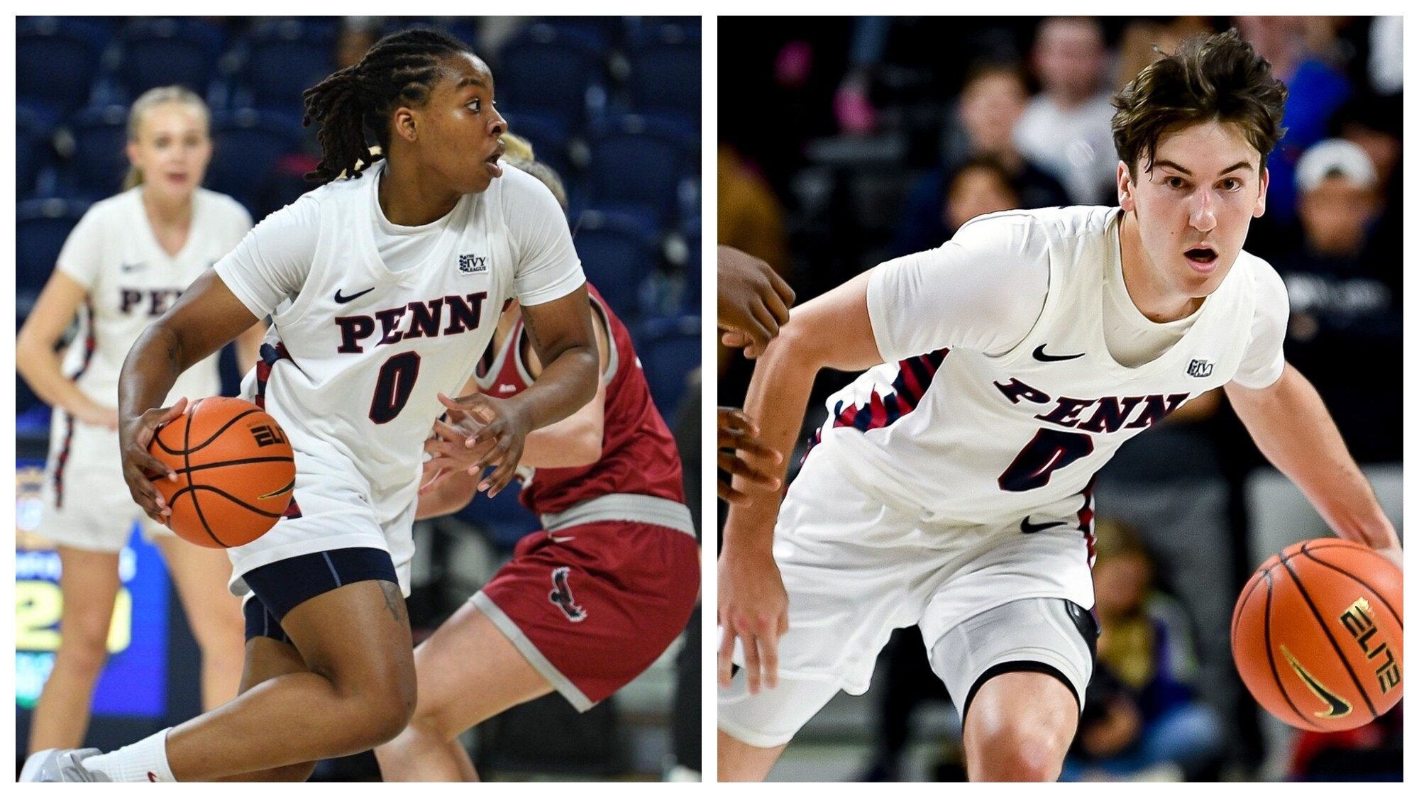 At left, Jordan Obi dribbles to the basket with the ball. At right, Clark Slajchert dribbles to the basket with the ball.