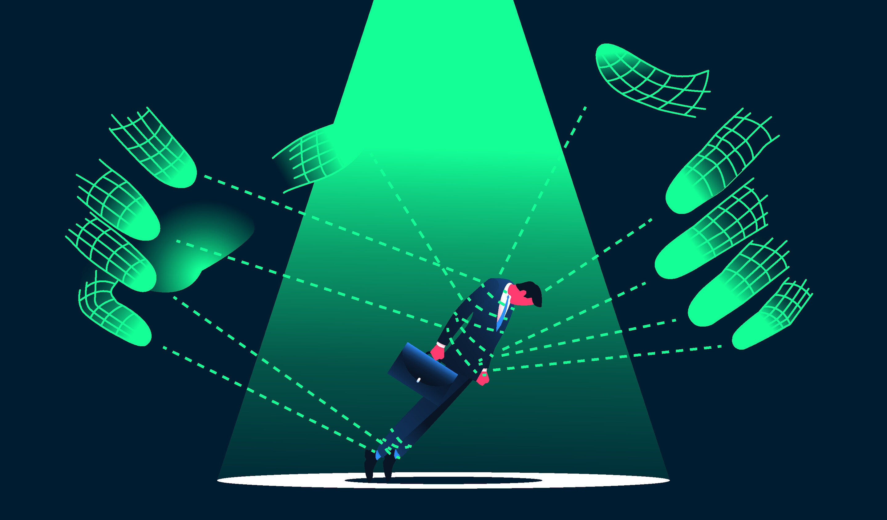 Digital hands manipulating by a man in the suit. Internet risks, artifical intelligence anxiety concept. 