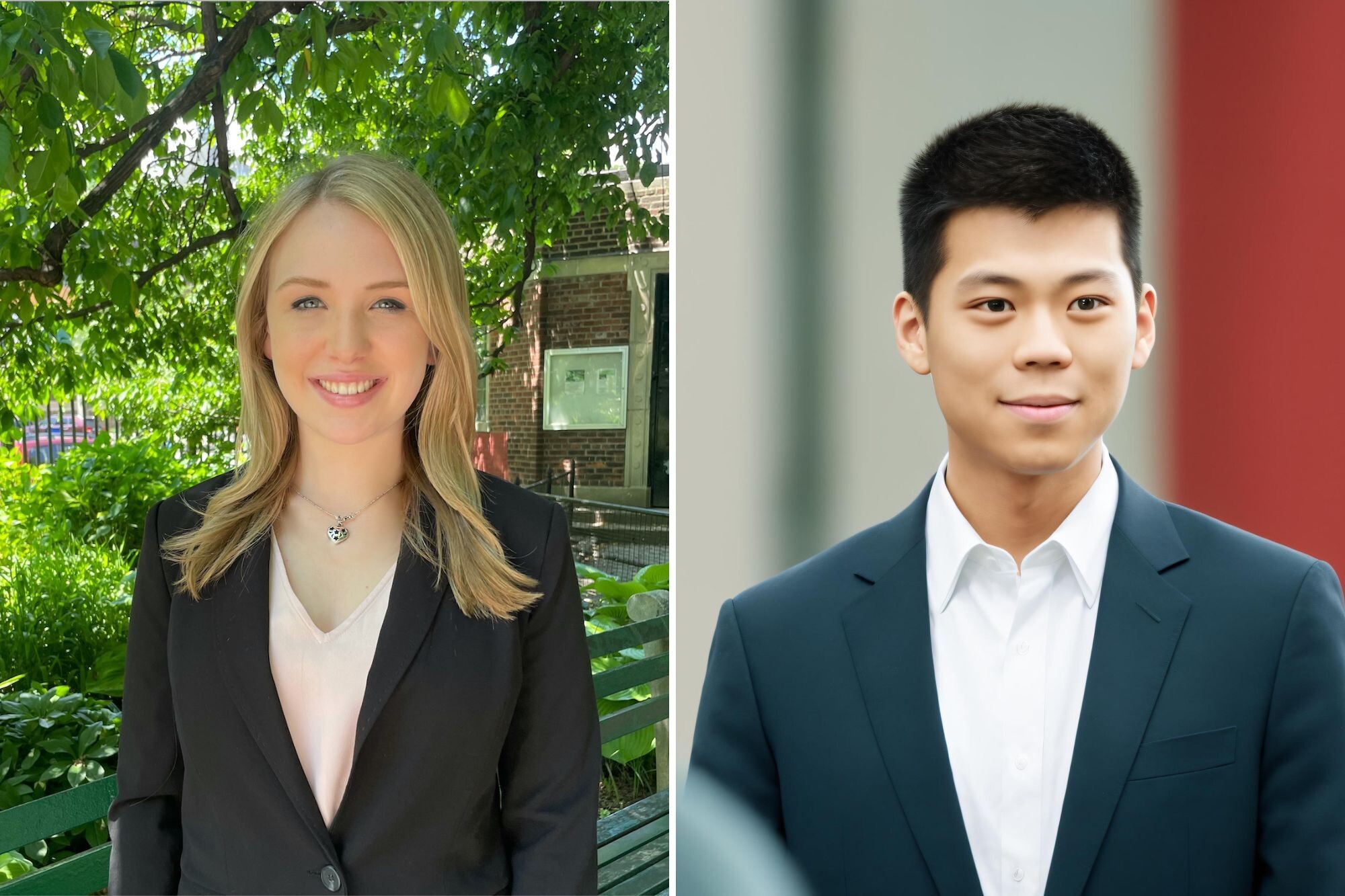 Amanda Howard standing outside with trees behind her and Joey Yang standing in front of a striped backdrop