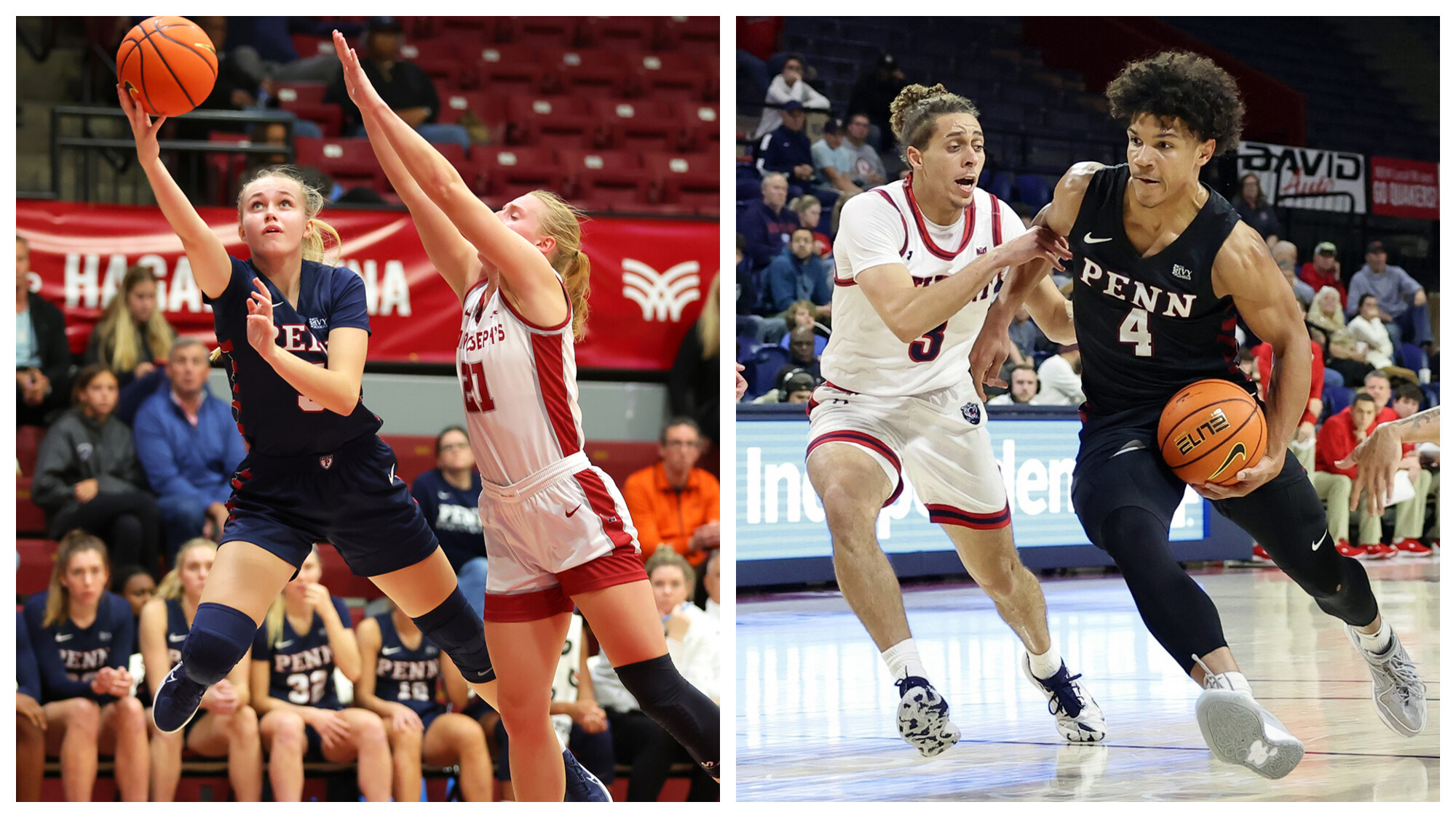 At left, third-year guard Stina Almqvist lays the ball up while a defender tries to block her shot. At right, first-year guard Tyler Perkins dribbles the ball to the basket.
