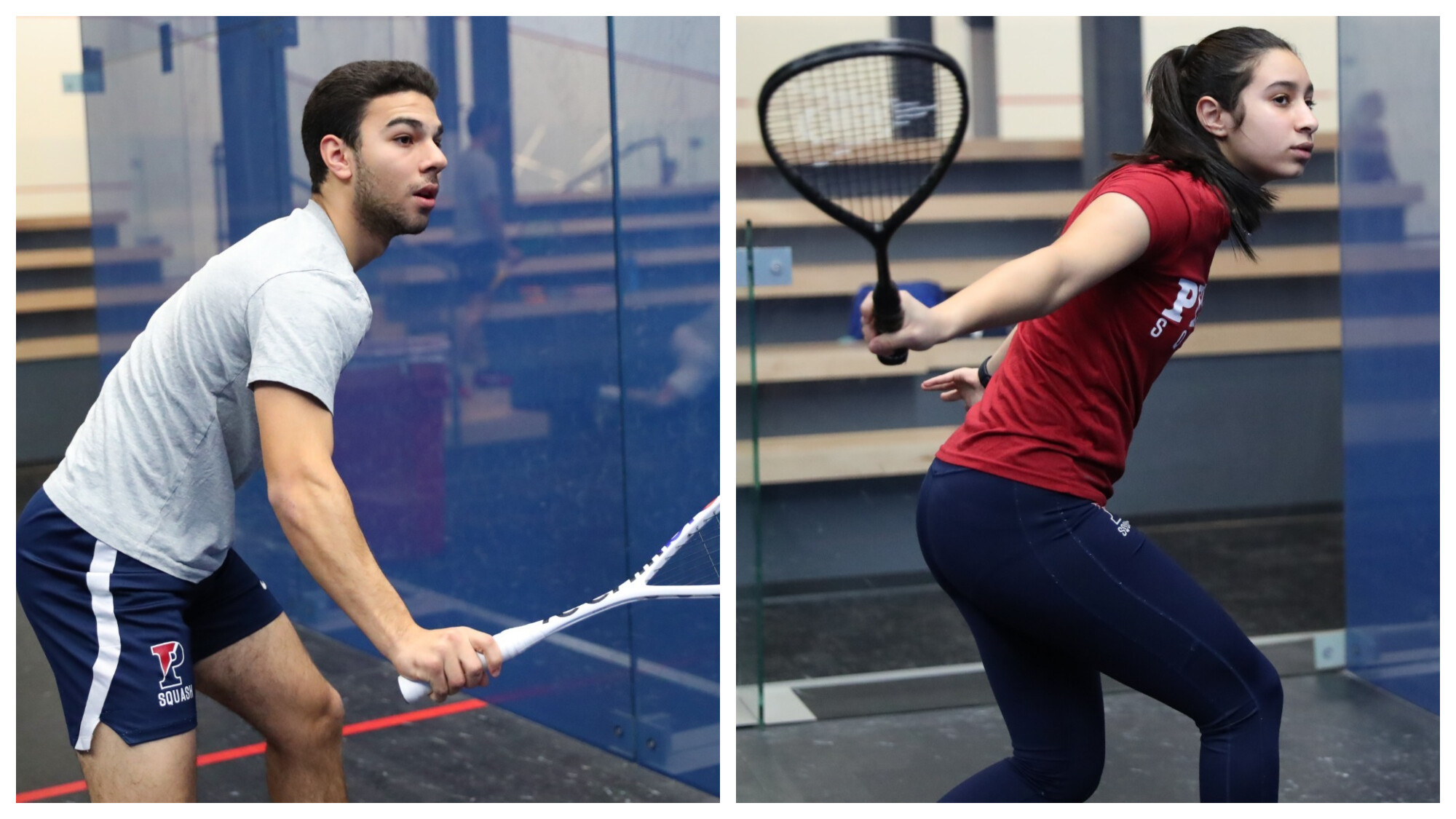 At left, Omar Hafez of the men's squash team; at right Malak Taha of the women's squash team.