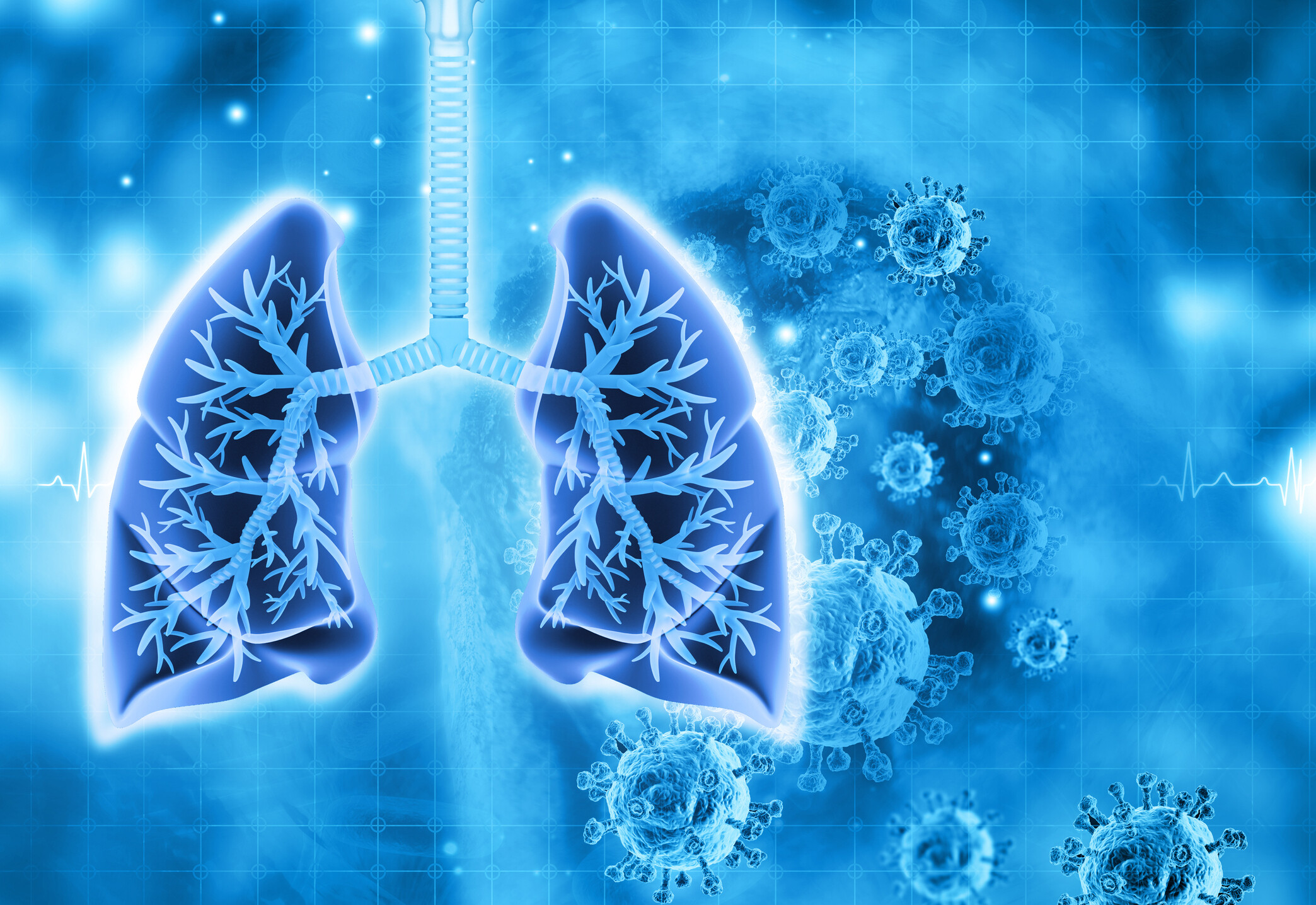 Artist's interpretation of human lungs and a virus.