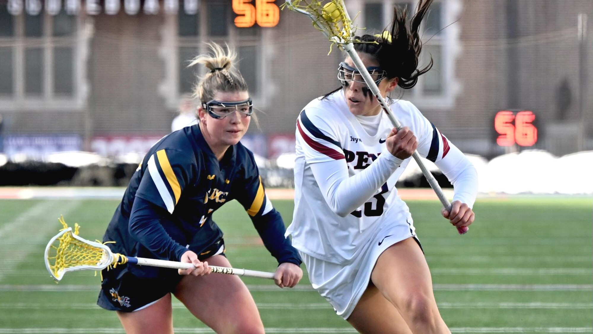 Niki Miles battles a defender for the ball during a game against Drexel at Franklin Field.