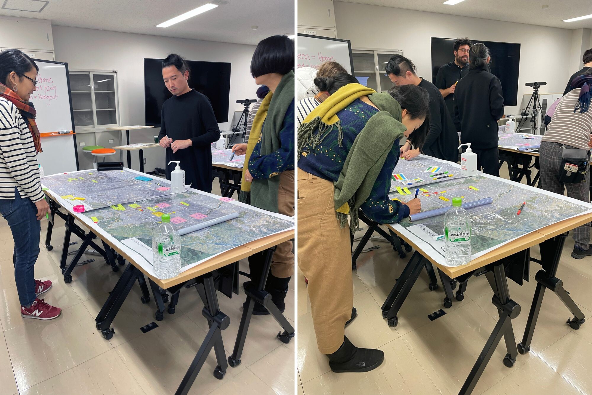 Left and right: Students working on a large map on a table.