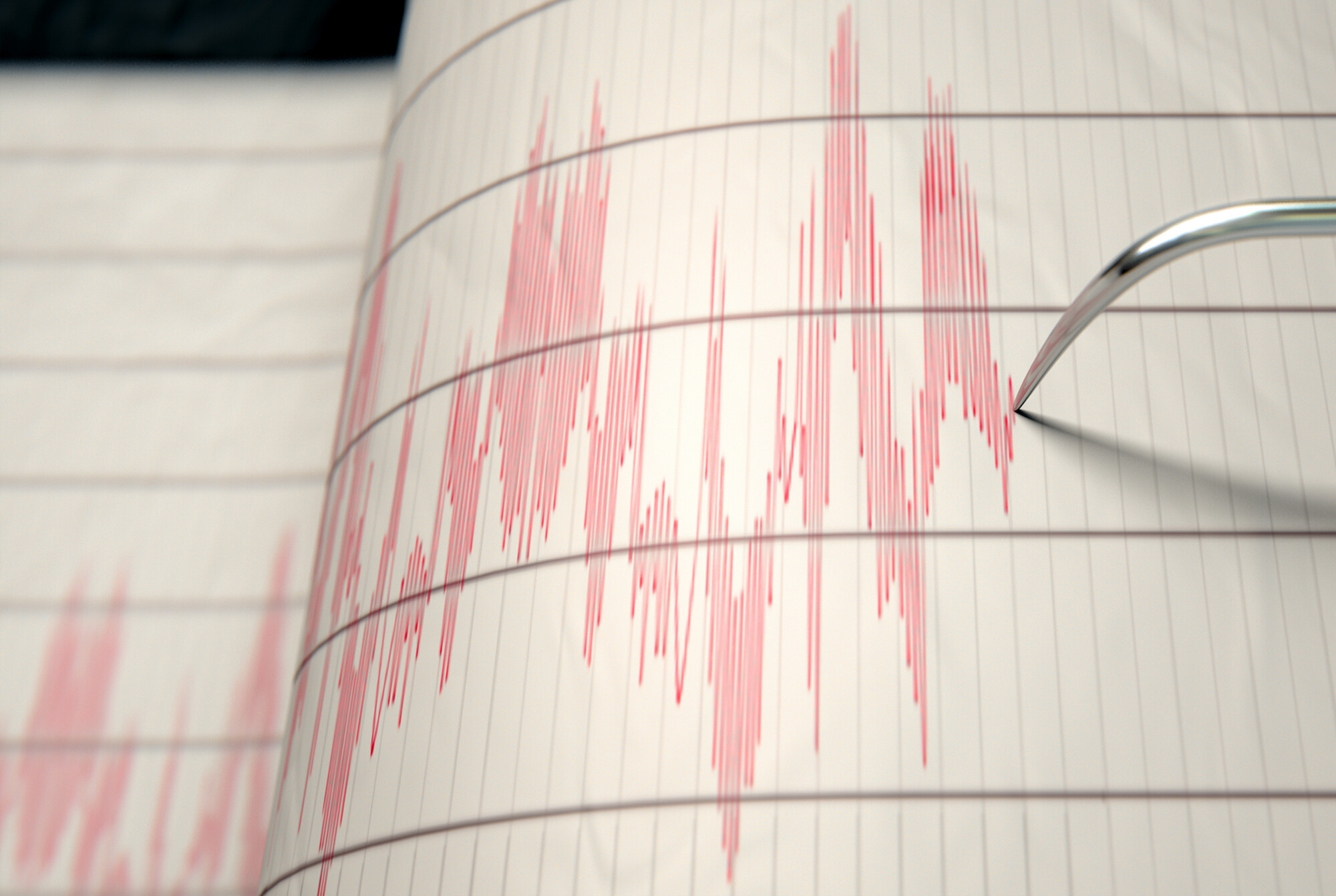 Photograph of a seismograph reading following an earthquake. 