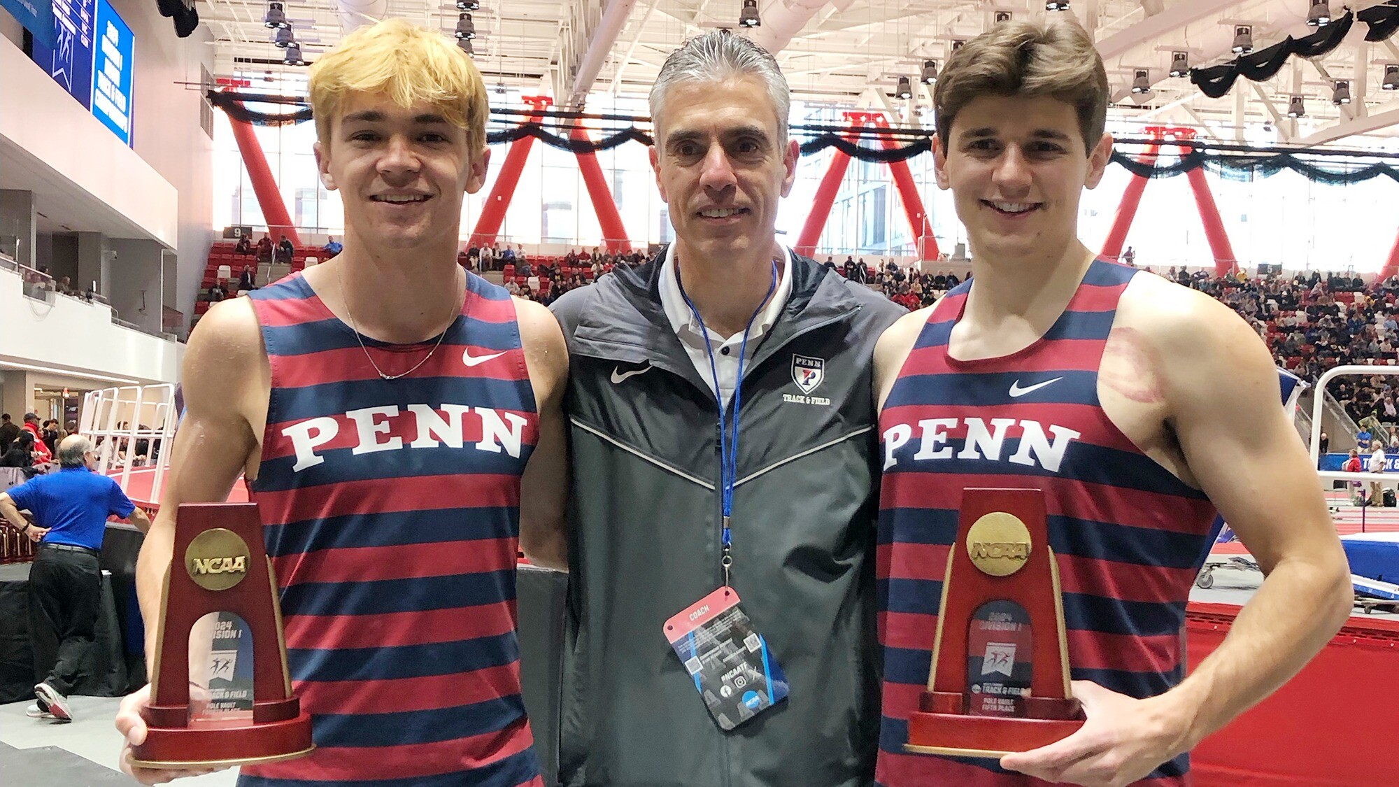 From left, pole vaulter James Rhoads, Assistant Director of Track & Field Joe Klim, and pole vaulter Scott Toney.