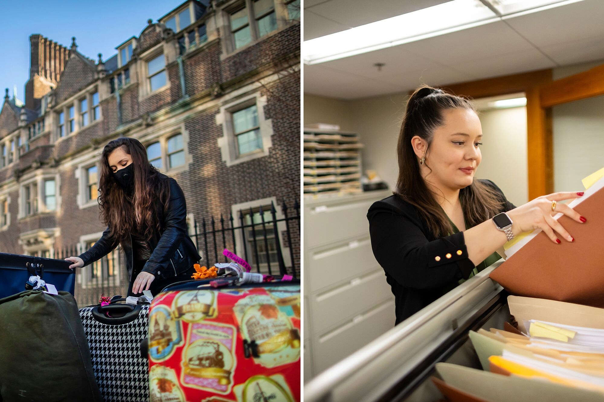 Carmen Harrison Montoya with her suitcases in front of Penn’s Quad in 2021, and at Penn’s legal clinic in 2024.