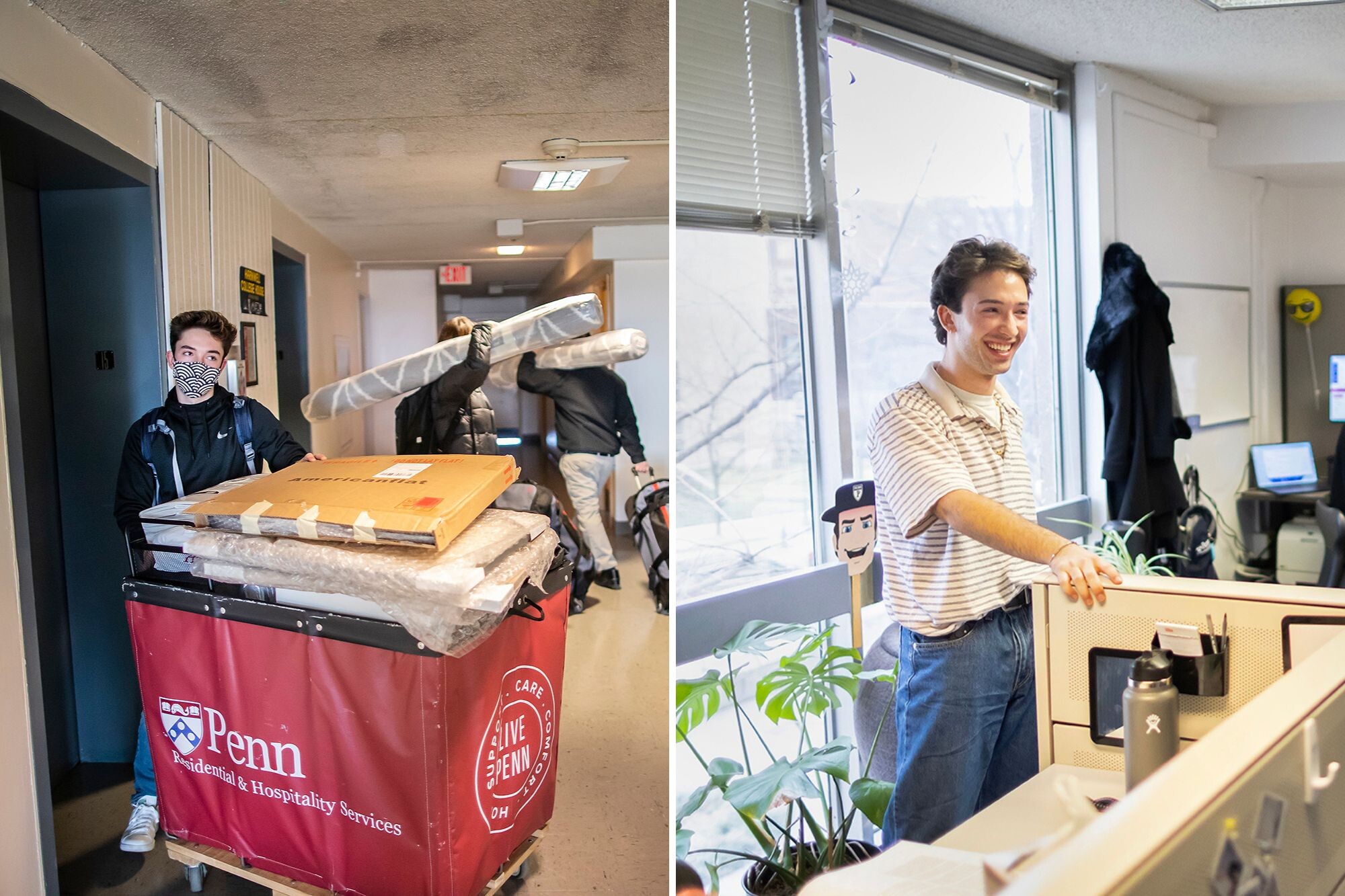 Max Cass moving into his dorm room in 2021, and at his work-study job on Penn’s campus in 2024.