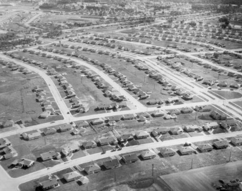An aerial view of the Park Forest housing development outside of Chicago in the 1950s.