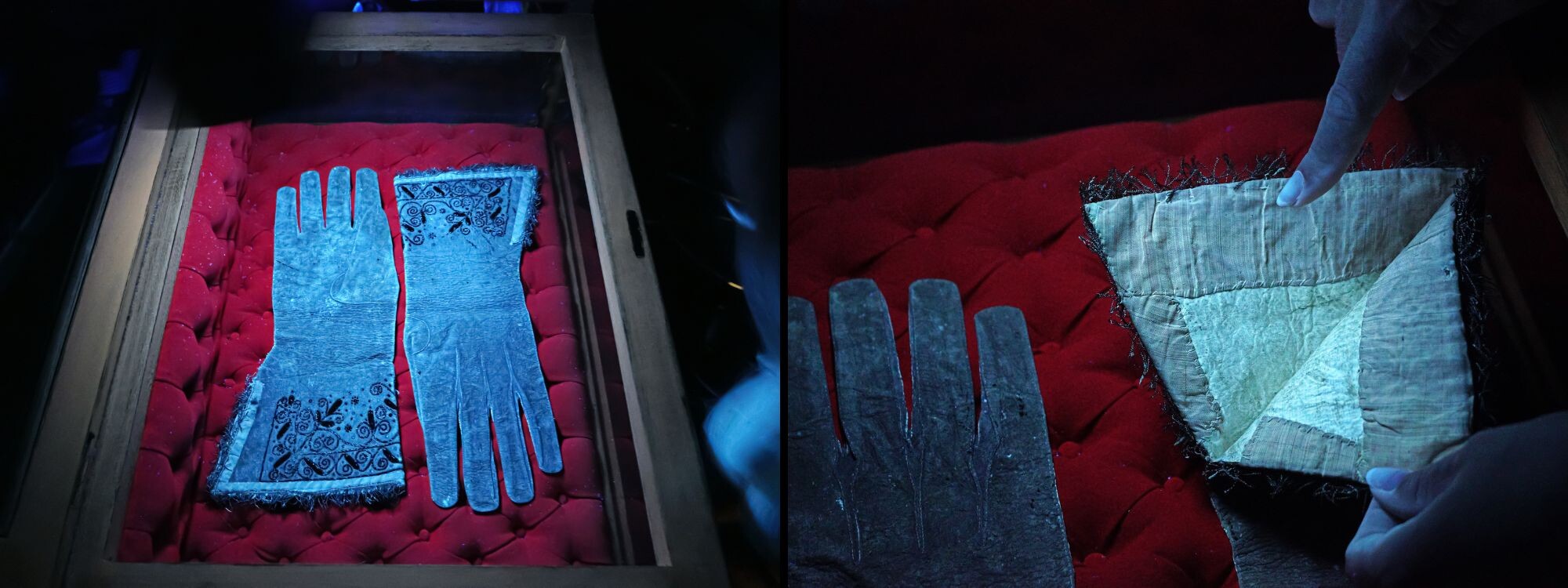 Historic gloves in a case being scanned for carbon dating.