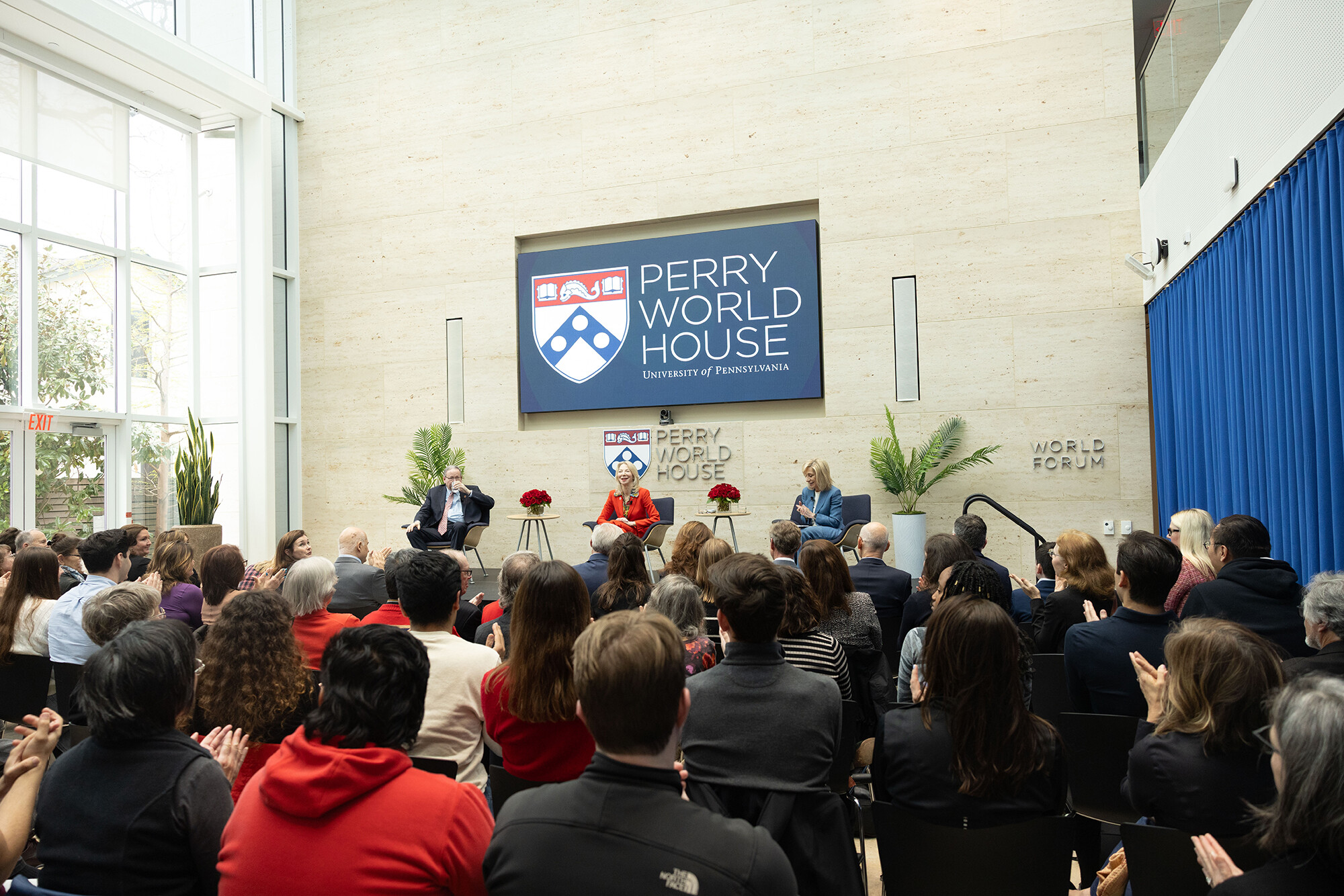 Amy Gutmann, Andrea Mitchell, and David Cohen on stage at Perry World House.