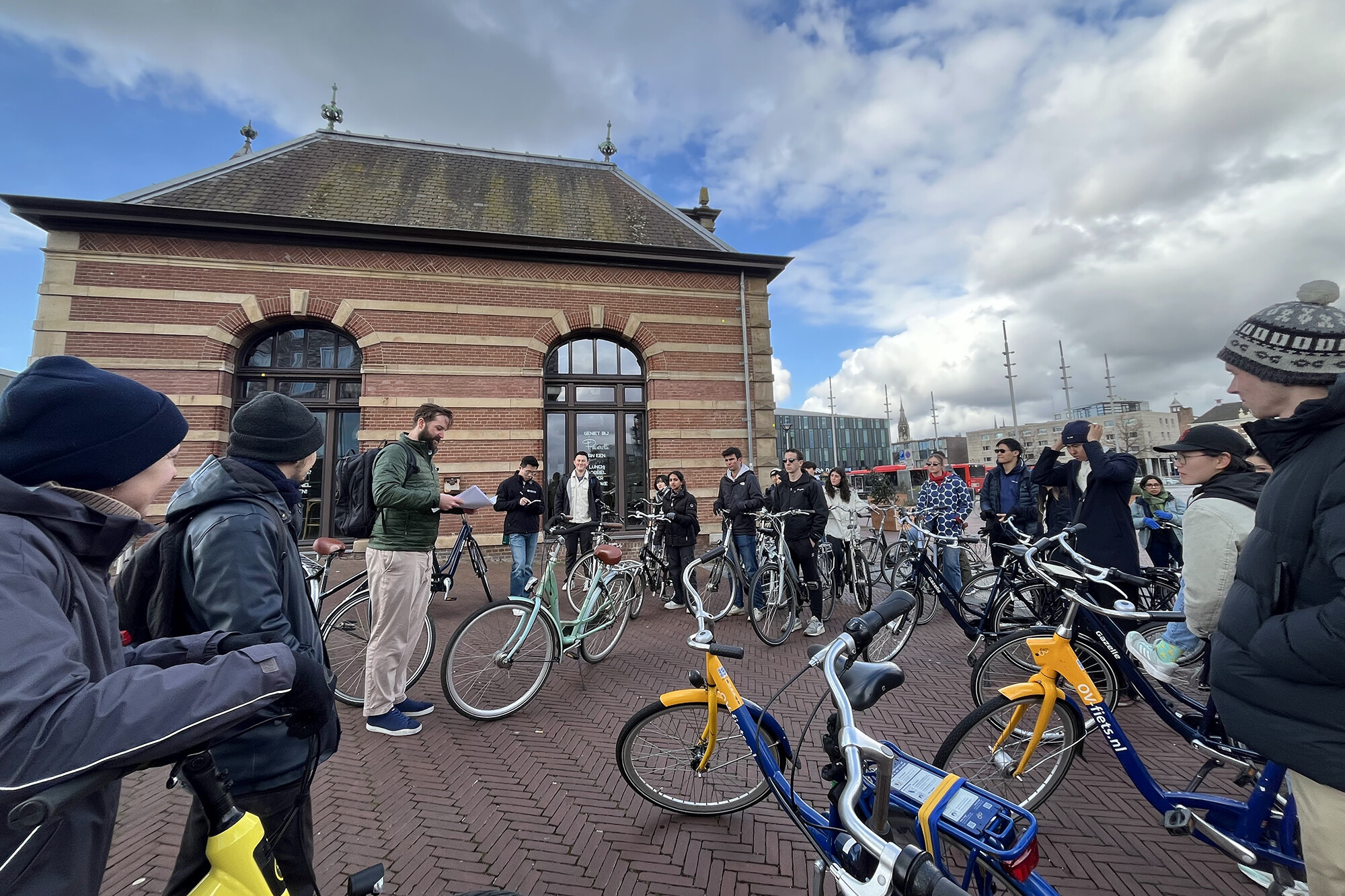 Penn students in Amsterdam getting ready for a bike ride in the city.