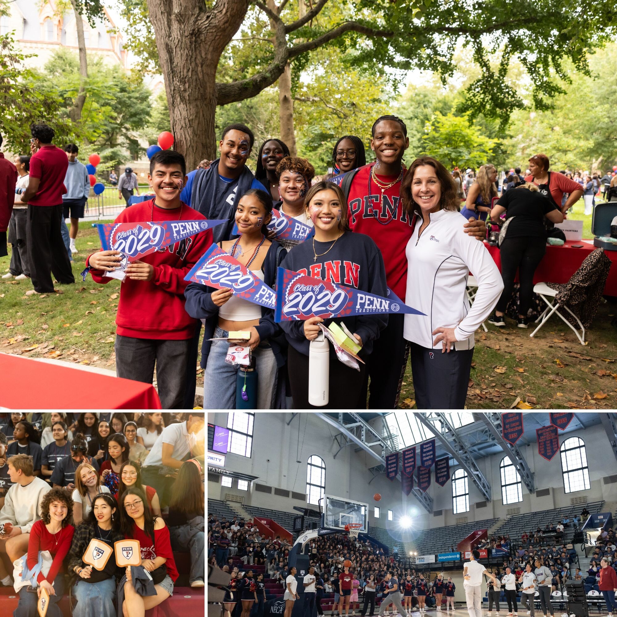 Top: Students holding Class of 2029 banners; bottom left, students in the bleachers at The Palestra; bottom right: A student shoots a basketball while the crowd watches at The Palestra.