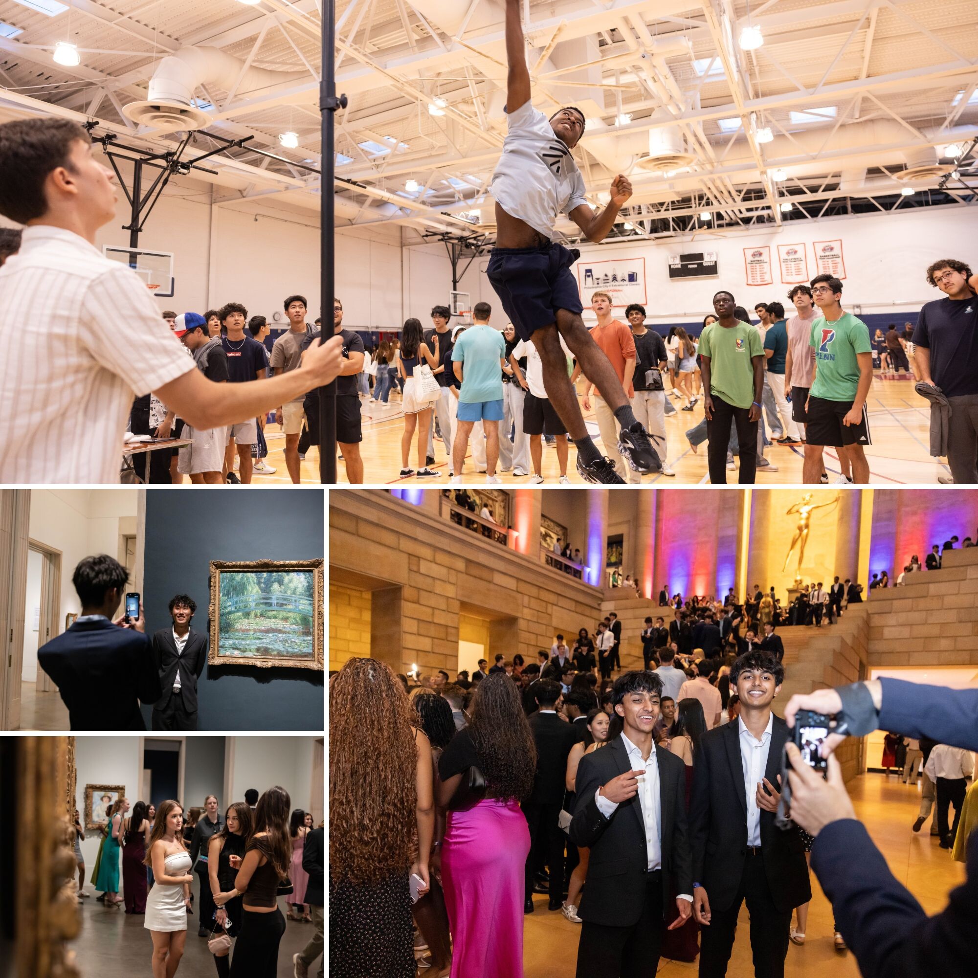 Top: Students at the Palestra, one is jumping high in the air; bottom left: A student poses for a photo next to an Impressionist painting; bottom right: Class of 2029 students at the Philadelphia Art Museum.