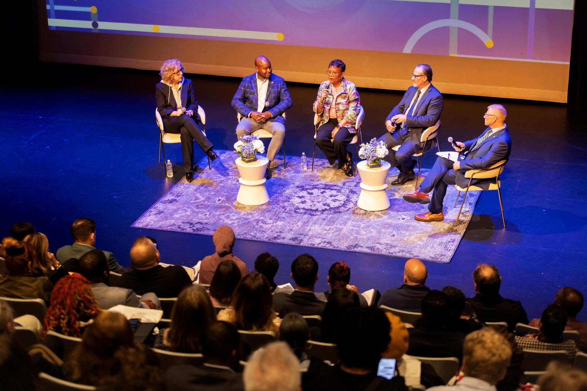 From left to right: Michele Leff, principal and founder of 12th Street Catering; Michael Newmuis, director of Philadelphia 2026; Della Clark, president of The Enterprise Center and partner with Innovate Capital Growth Fund; Jeff Hornstein, executive director of the Economy League of Greater Philadelphia; and Mark Mills, chief procurement officer in Penn’s Division of Finance.