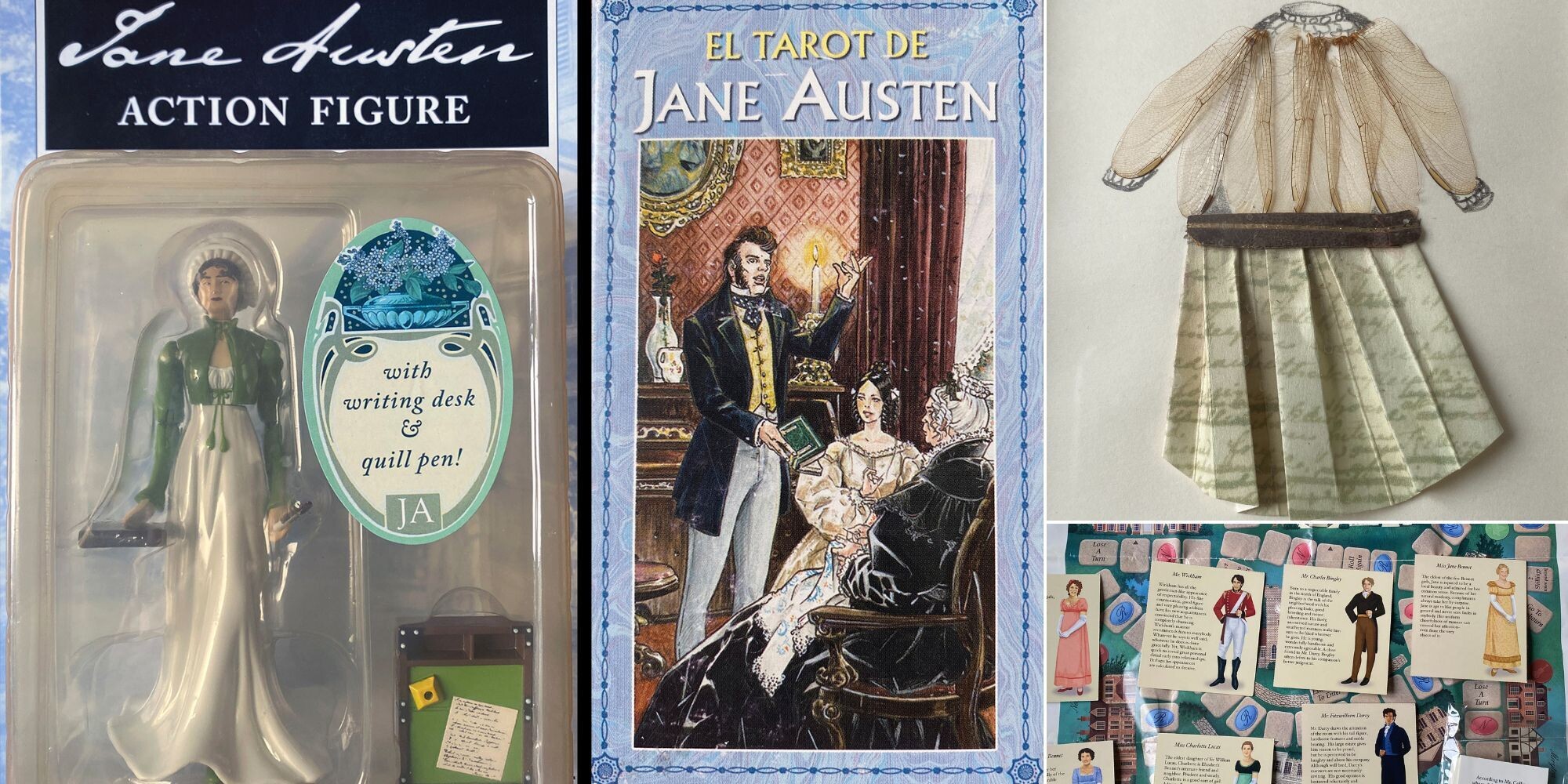 Jane Austen action figure, tarot deck, artwork, and board game.
