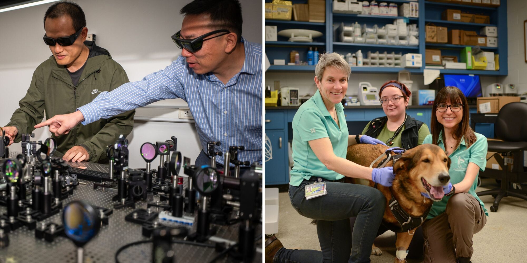 Left: Two researchers wearing protective eyeglasses in a lab with electronics; (right) Nicola Mason and two members of the Working Dog Center with a working dog.