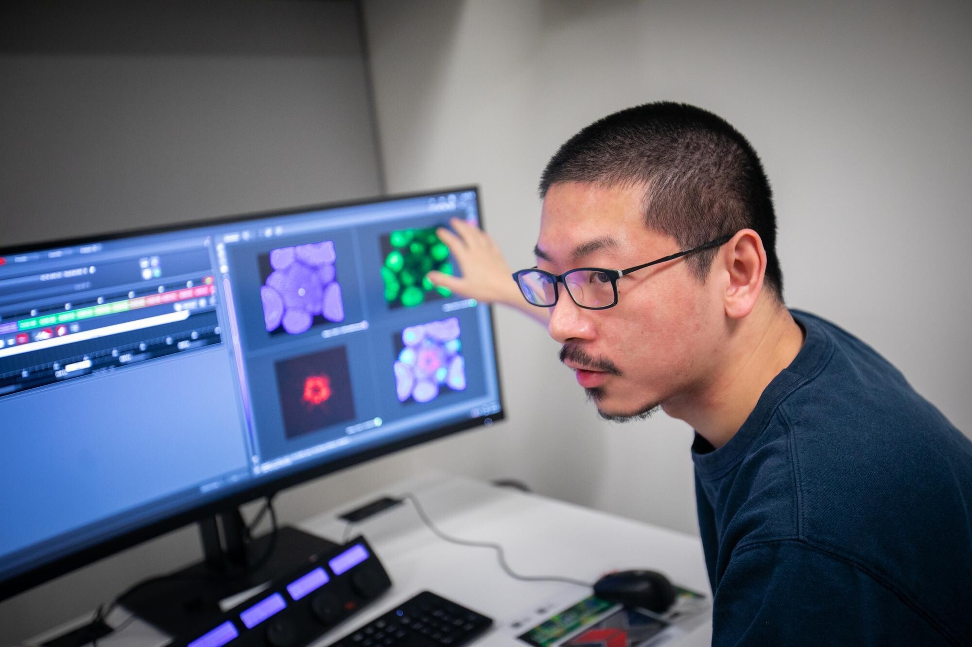 Researcher Tian Huang points at monitor displaying flower imaging.