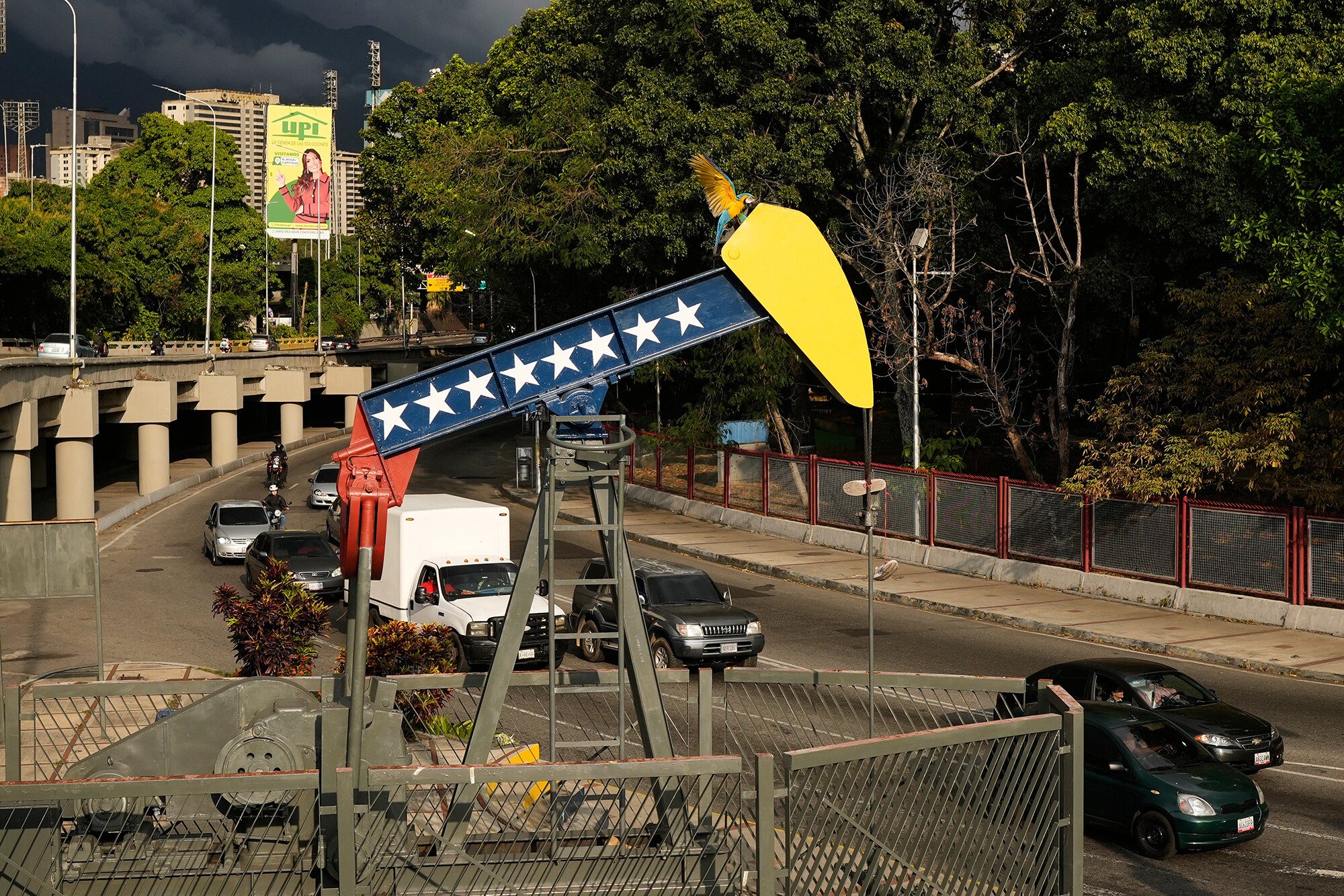 An oil drill decorated with the colors of the Venezuelan flag stands in Caracas.