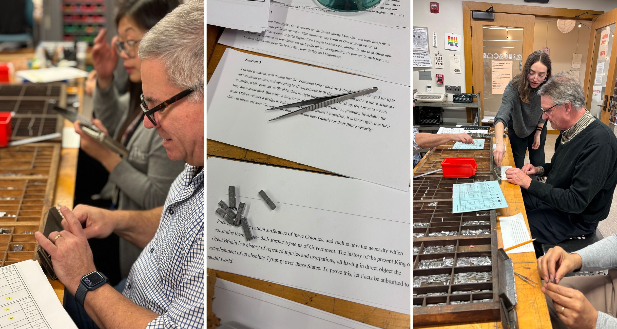 Workers in the Common Press office and a closeup of the tools and papers on a table.