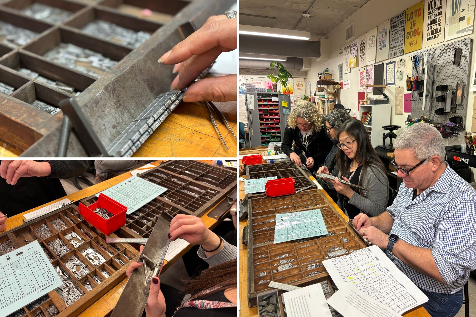 Four workers at the Common Press office and a closeup of letterpress tools.