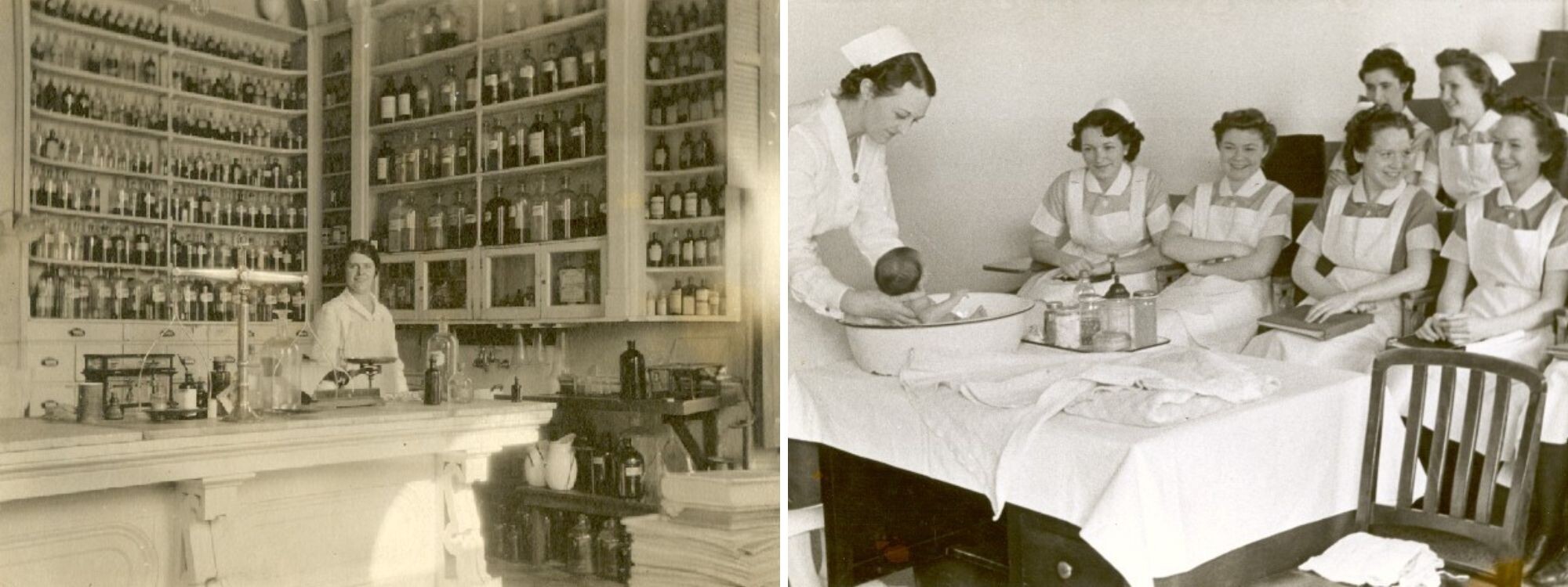 A pharmacist at Pennsylvania Hospital in the 1920s and a maternity class at the Nursing School.