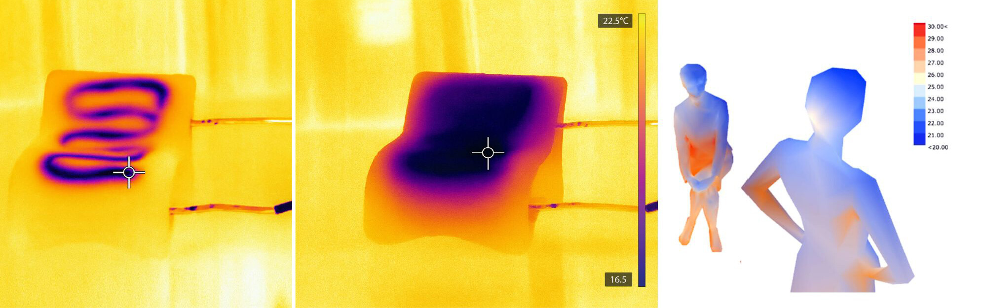 Two infared images of the heat emanating from a cooling chair, and Three human figures with mapped heat scans.