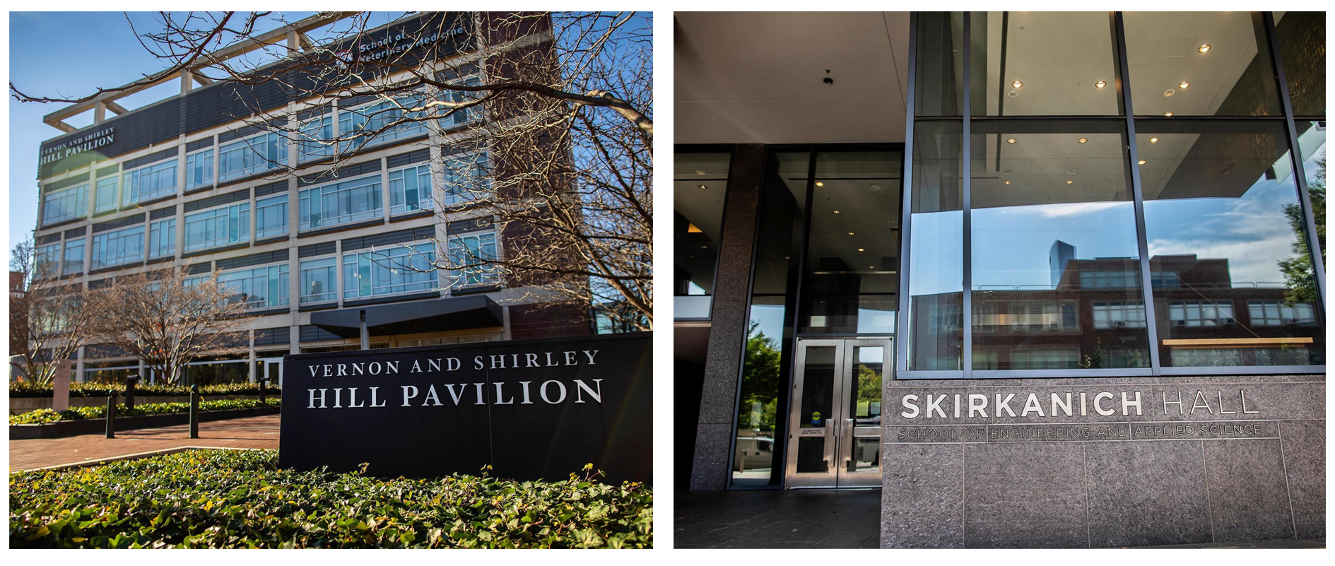 Exteriors of Hill Pavilion (left) and Skirkanich Hall (right).