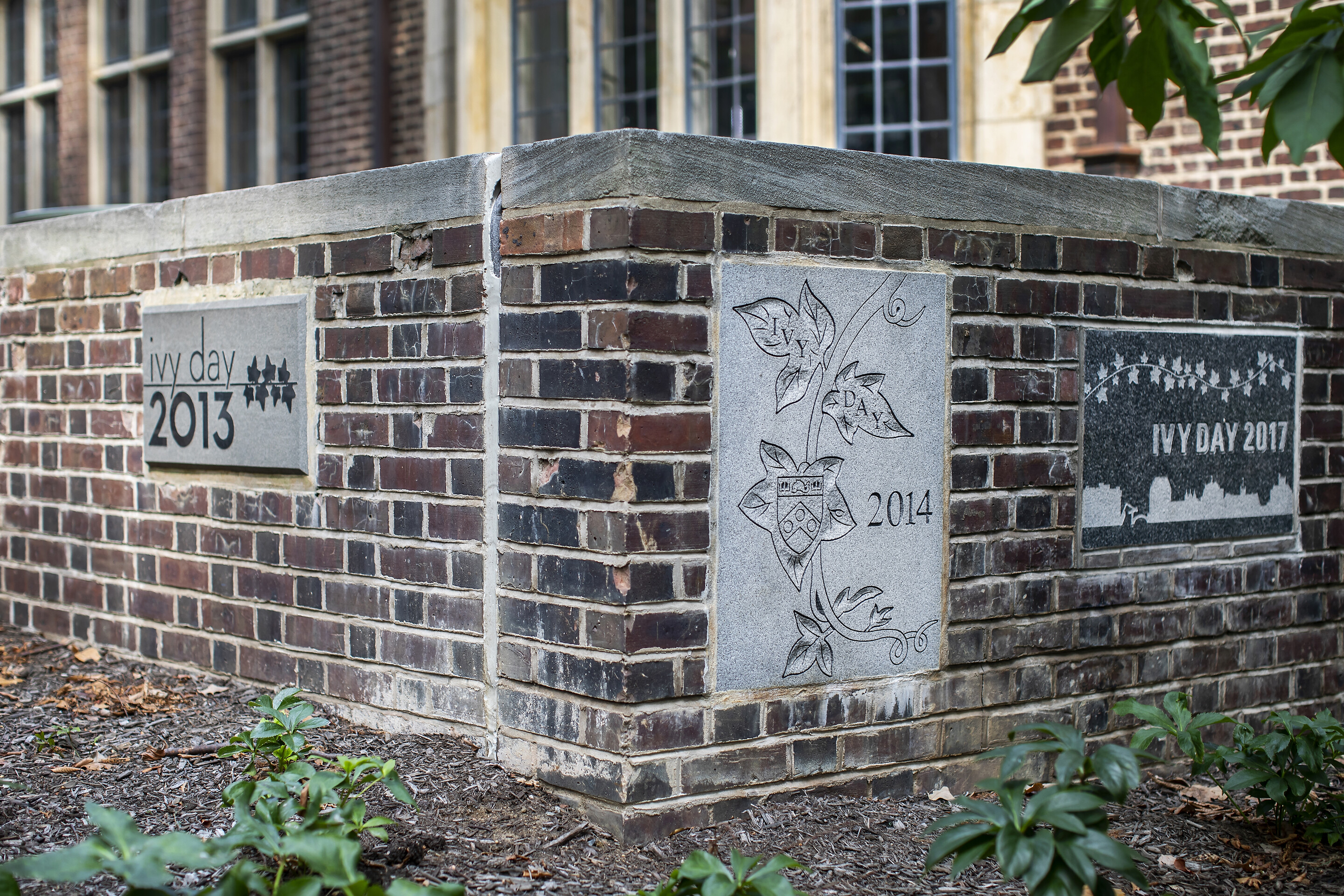 Penn’s Ivy stones from the years 2013, 2014, and 2017 on a brick wall. 