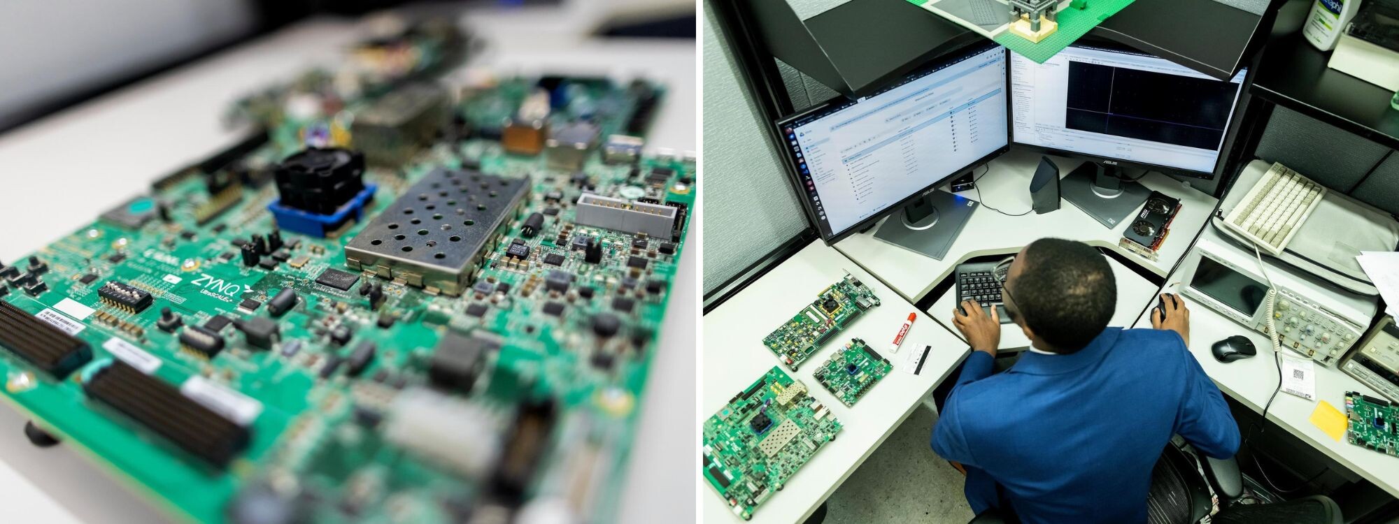 (Left) a computer chip; (right) Nhlanhla Mavuso working on a desktop computer in the Moore Building.