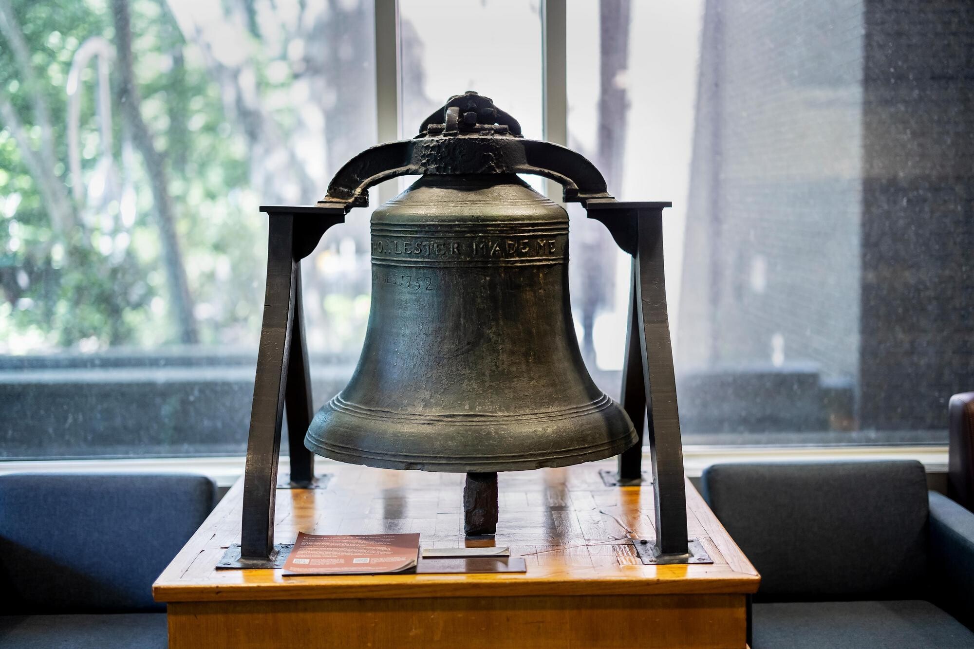 The historic Academy Bell is on display in the Van Pelt Library.