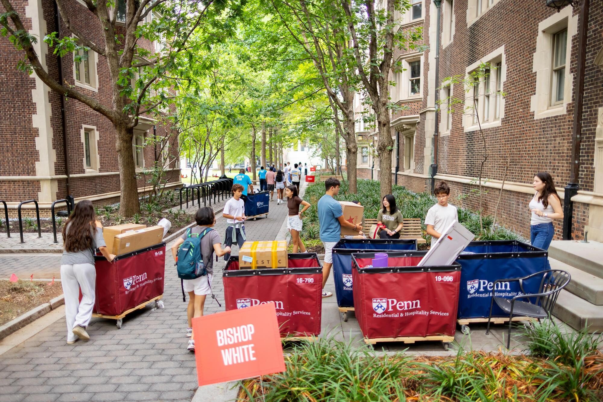 Students unloading Move-In carts in front of a Penn dorm.