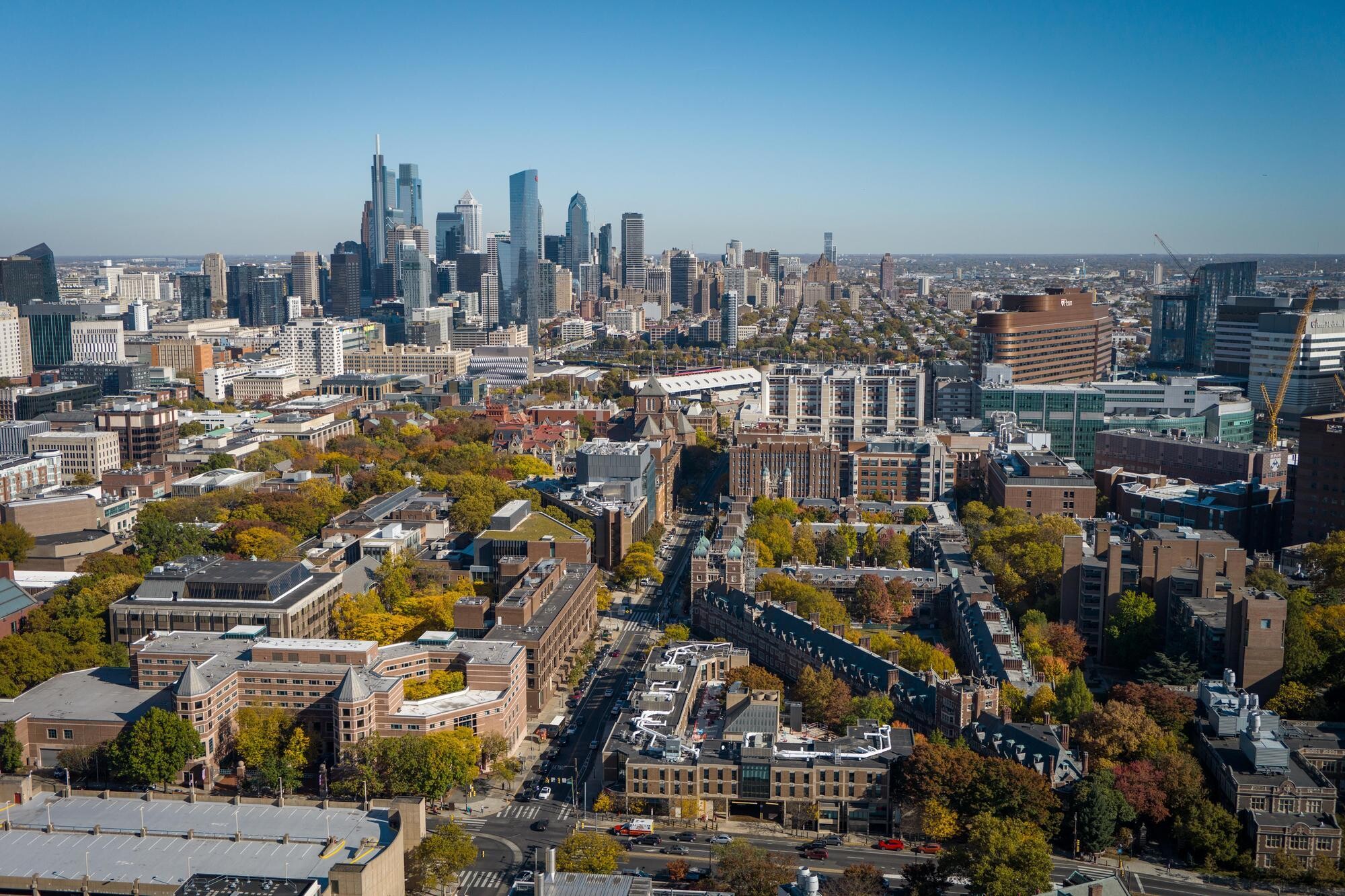 Drone shot of the campus of the University of Pennsylvania.
