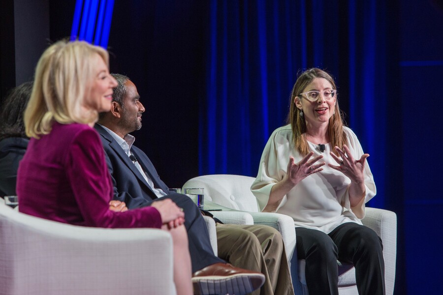 Penn President Amy Gutmann speaks with Professor Emily Steiner at the Power of Penn event in Boston.