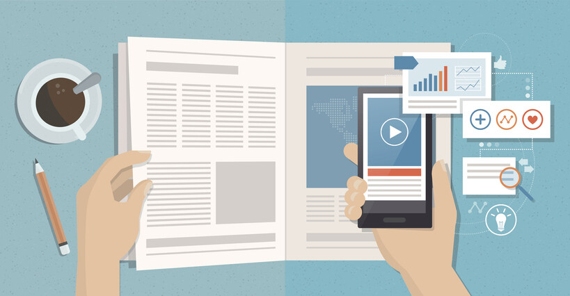 cartoon of smartphone in one hand and a newspaper in the other